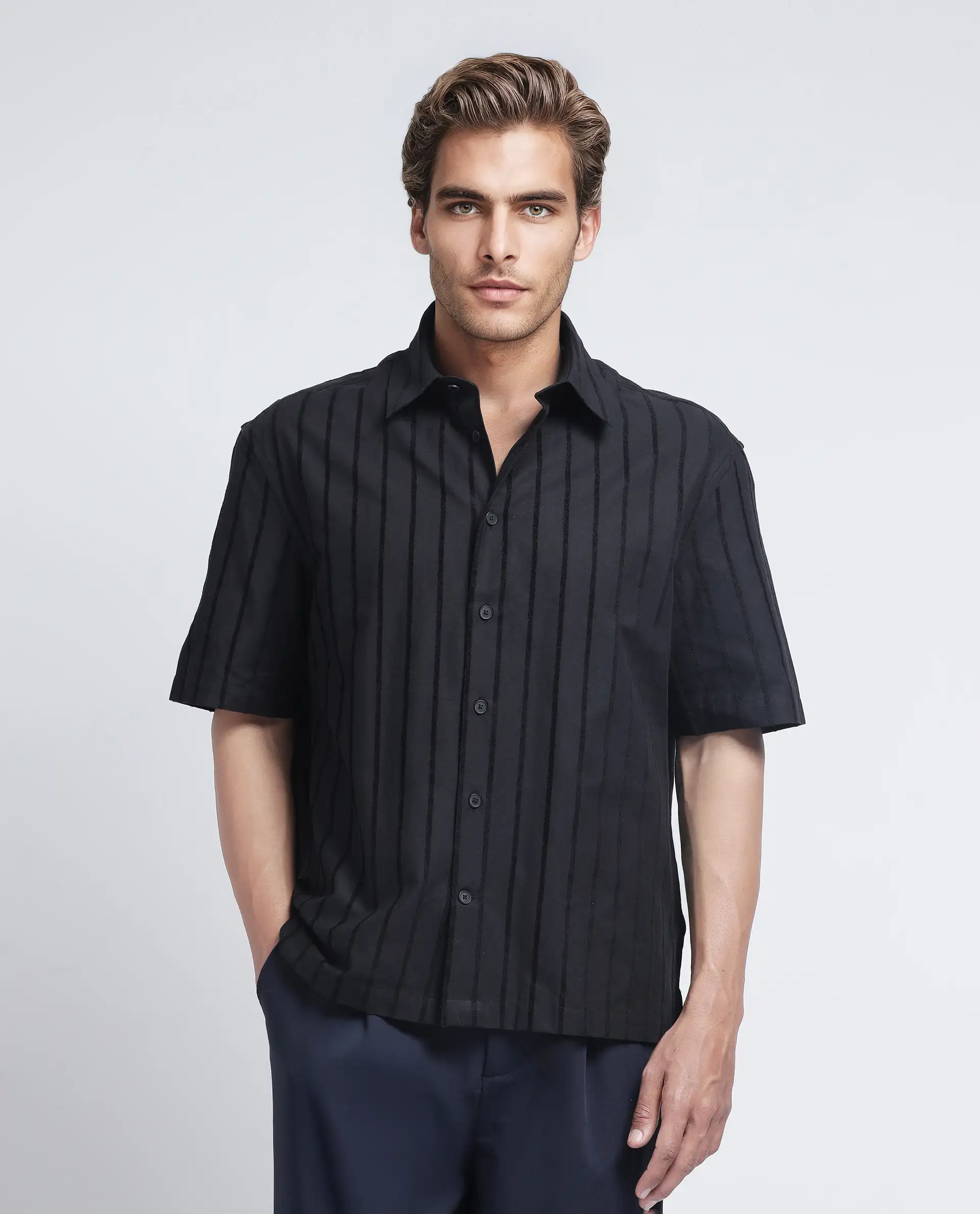 Rare Rabbit Men's Croy Ss Black Cotton Striped Print Regular Fit Half Sleeve Collared Shirt - Image 5