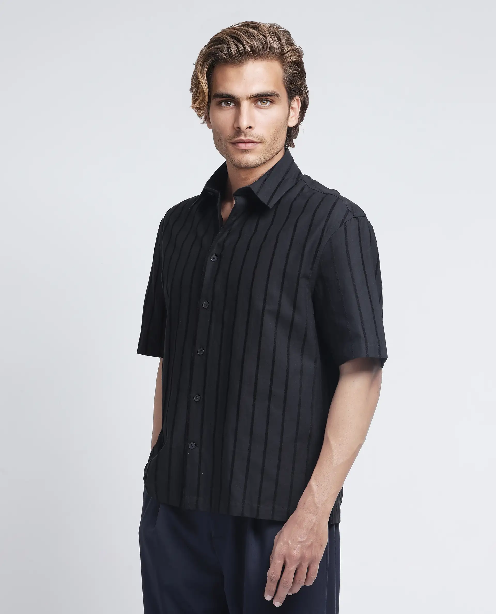 Rare Rabbit Men's Croy Ss Black Cotton Striped Print Regular Fit Half Sleeve Collared Shirt - Image 6