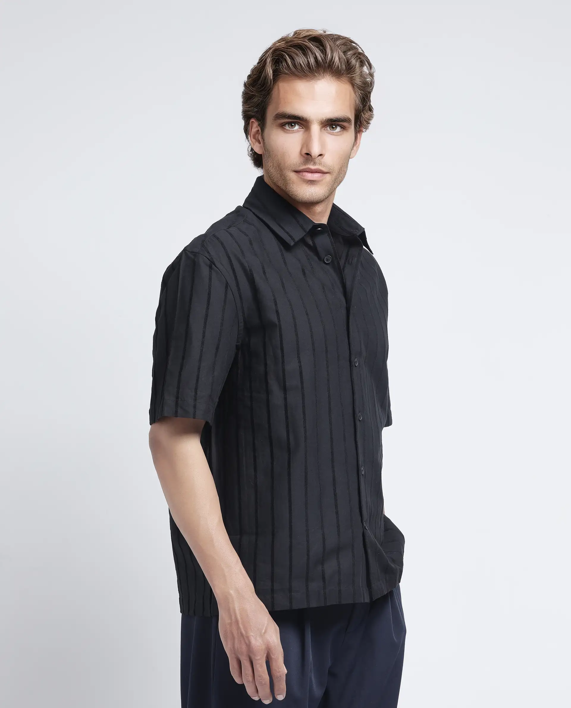 Rare Rabbit Men's Croy Ss Black Cotton Striped Print Regular Fit Half Sleeve Collared Shirt - Image 7