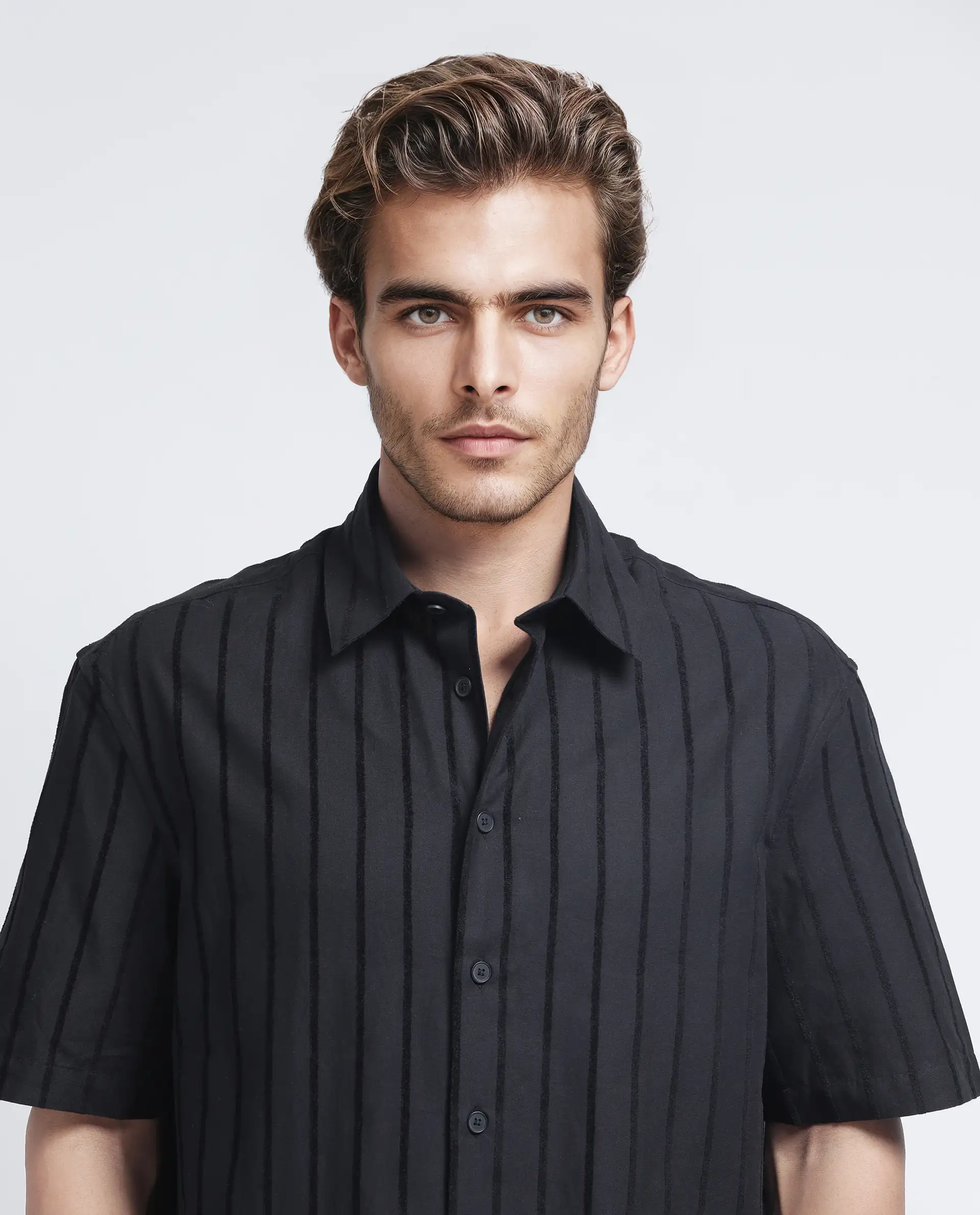 Rare Rabbit Men's Croy Ss Black Cotton Striped Print Regular Fit Half Sleeve Collared Shirt - Image 8