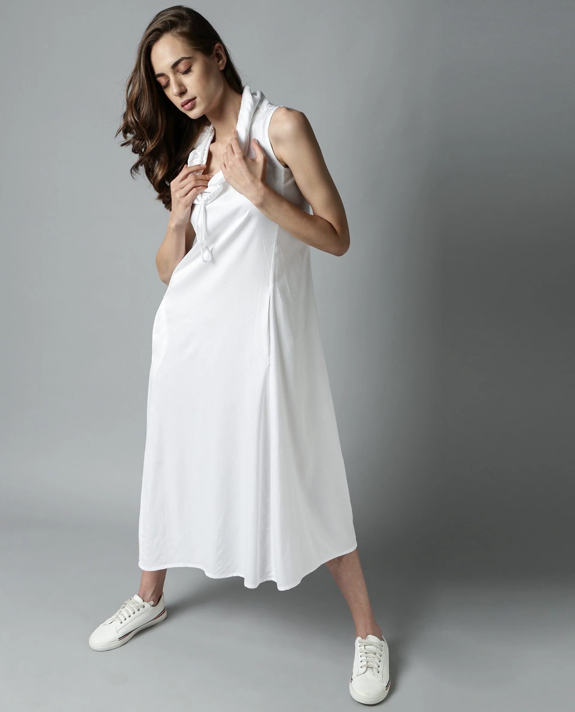 Rareism Womens Cruise White Dress Cotton Fabric Regular Fit Sleeveless Round Neck - Image 10