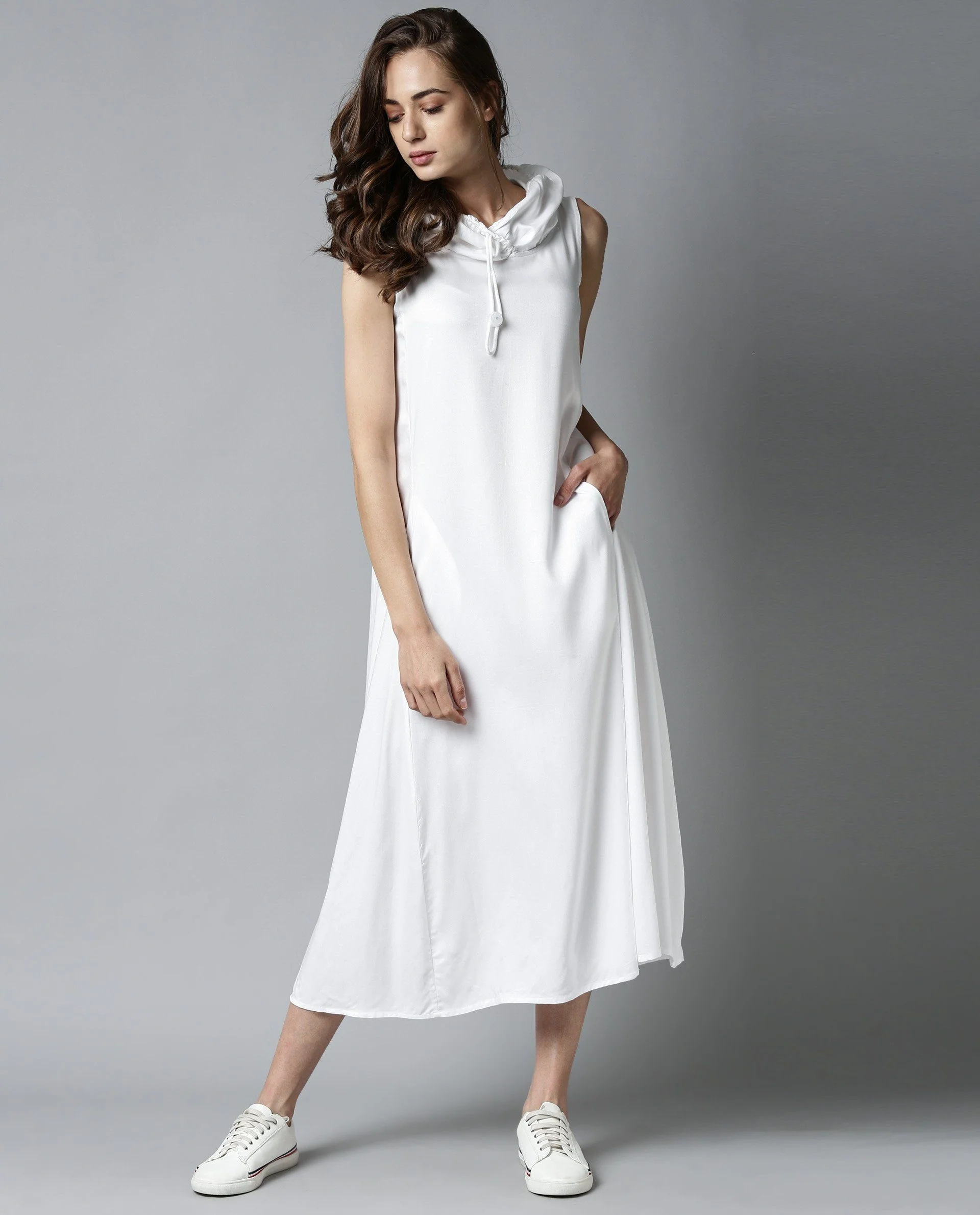 Rareism Womens Cruise White Dress Cotton Fabric Regular Fit Sleeveless Round Neck - Image 4