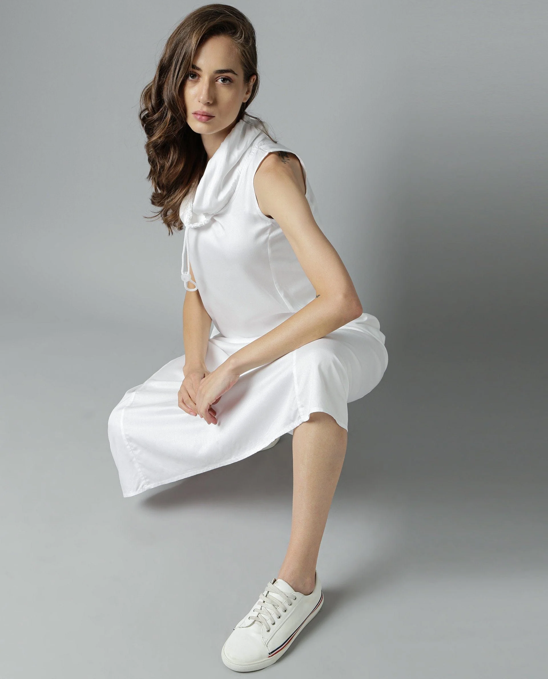 Rareism Womens Cruise White Dress Cotton Fabric Regular Fit Sleeveless Round Neck - Image 5