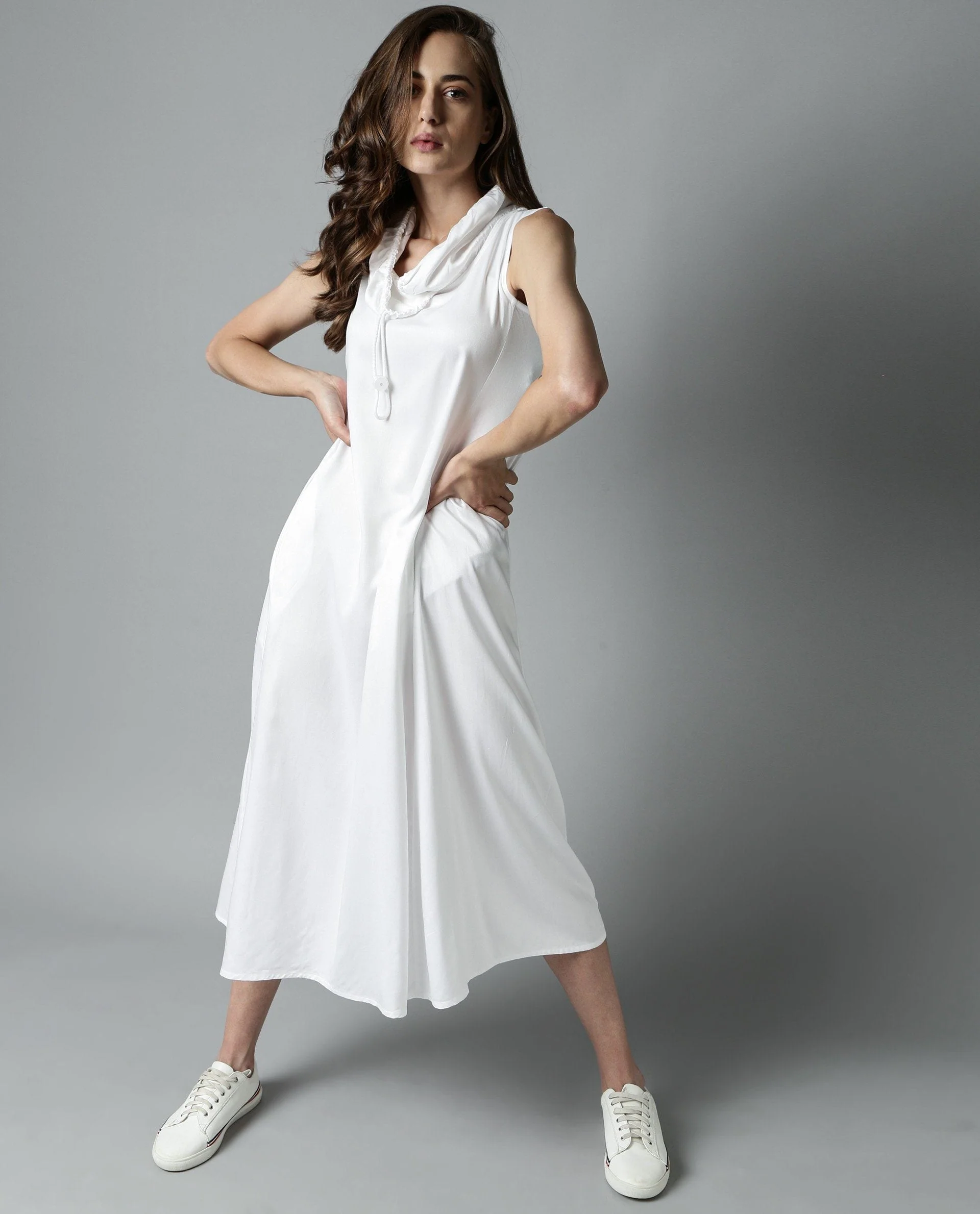 Rareism Womens Cruise White Dress Cotton Fabric Regular Fit Sleeveless Round Neck - Image 6