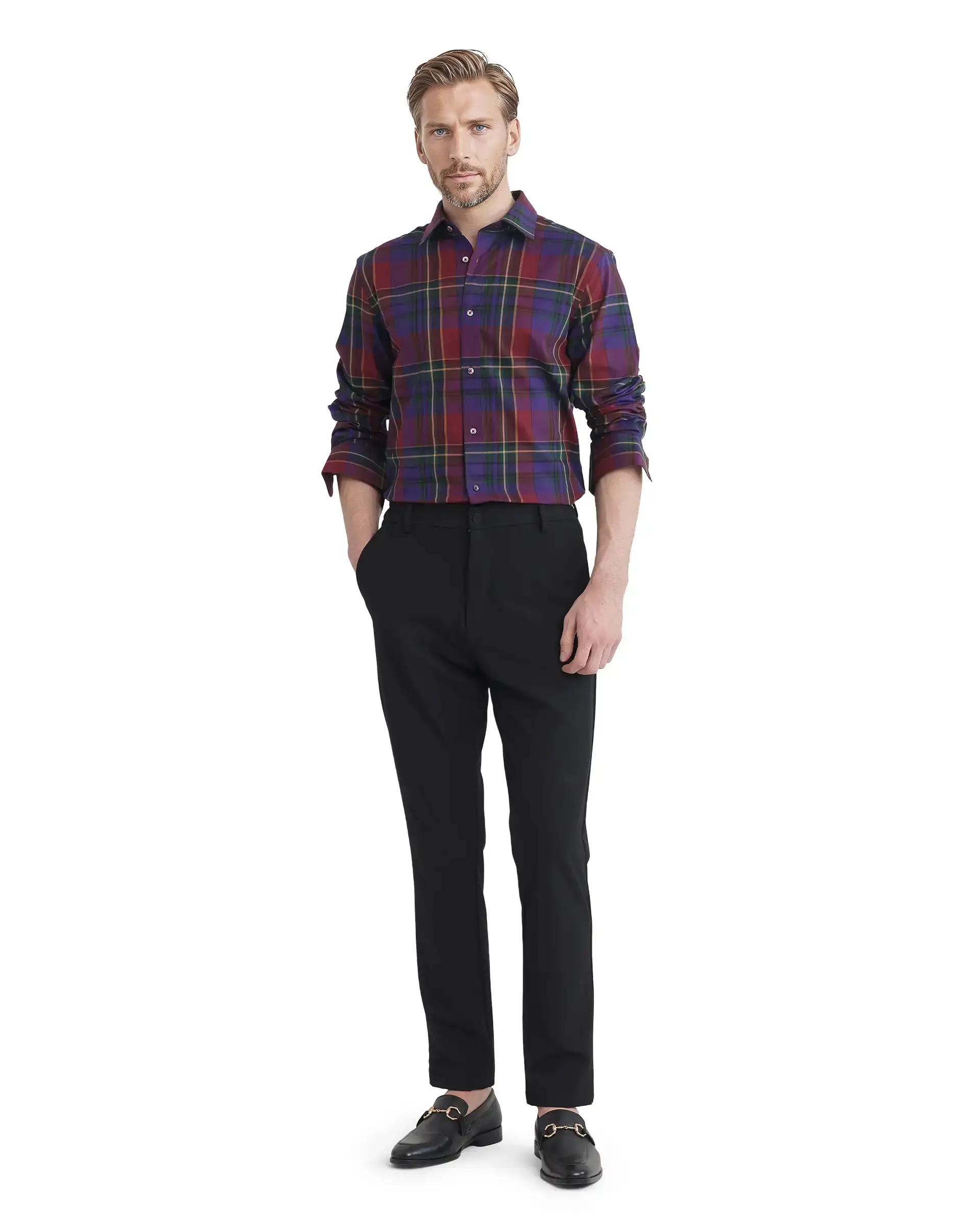 Rare Rabbit Men's Cruner Dark Purple Cotton Blend Checked Print Regular Fit Full Sleeve Collared Shirt - Image 2