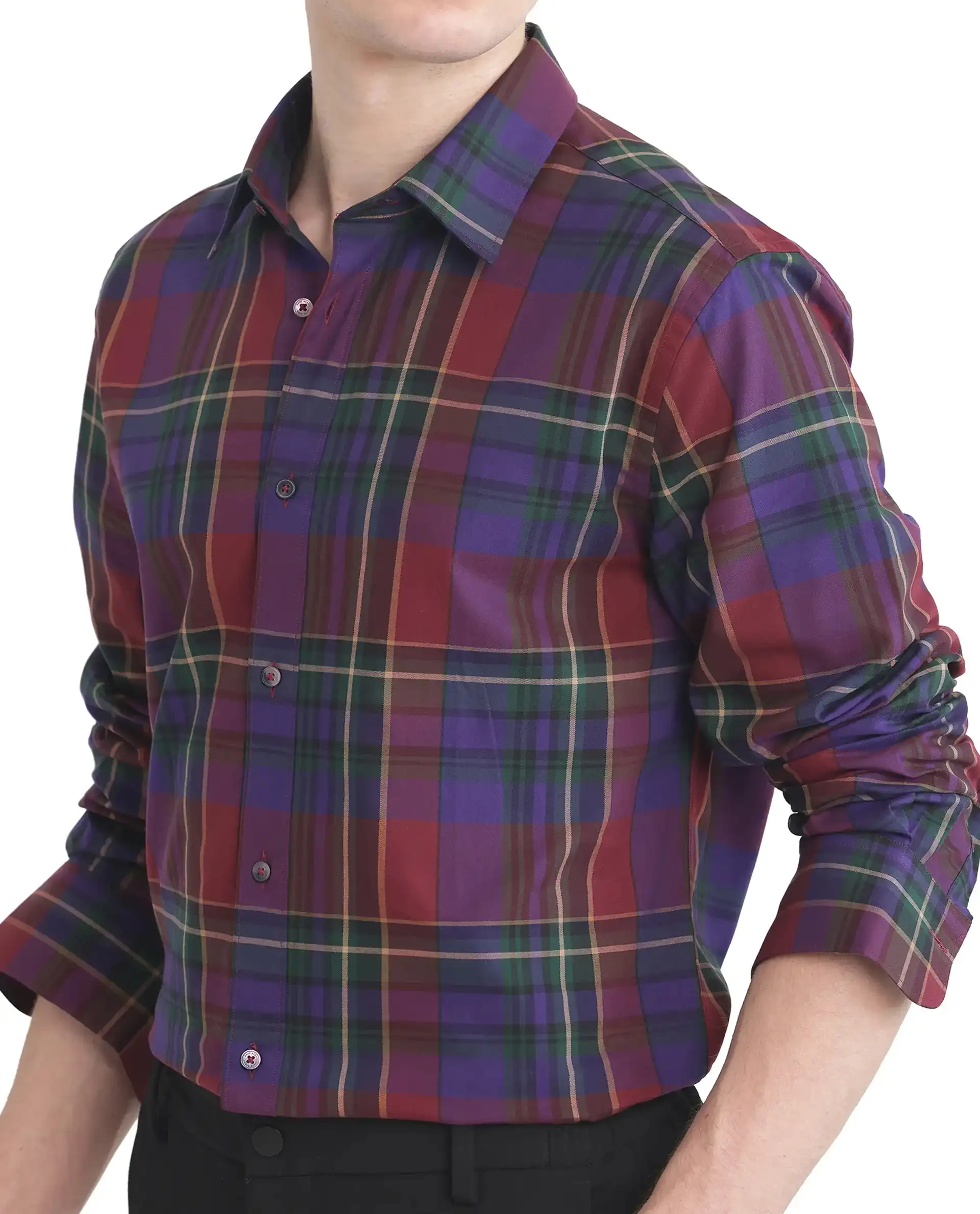 Rare Rabbit Men's Cruner Dark Purple Cotton Blend Checked Print Regular Fit Full Sleeve Collared Shirt - Image 3