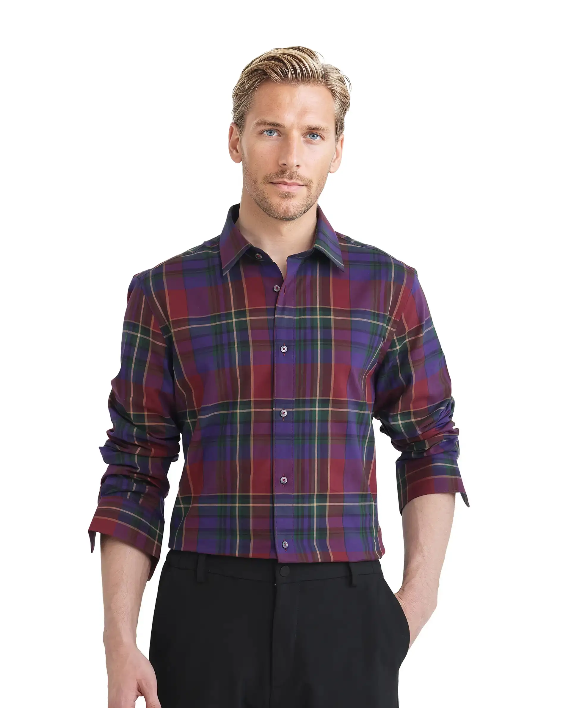 Rare Rabbit Men's Cruner Dark Purple Cotton Blend Checked Print Regular Fit Full Sleeve Collared Shirt - Image 6
