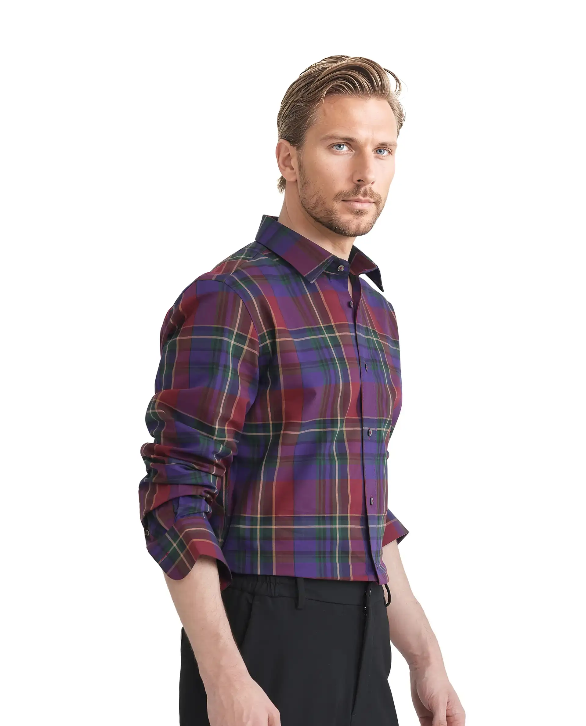Rare Rabbit Men's Cruner Dark Purple Cotton Blend Checked Print Regular Fit Full Sleeve Collared Shirt - Image 7