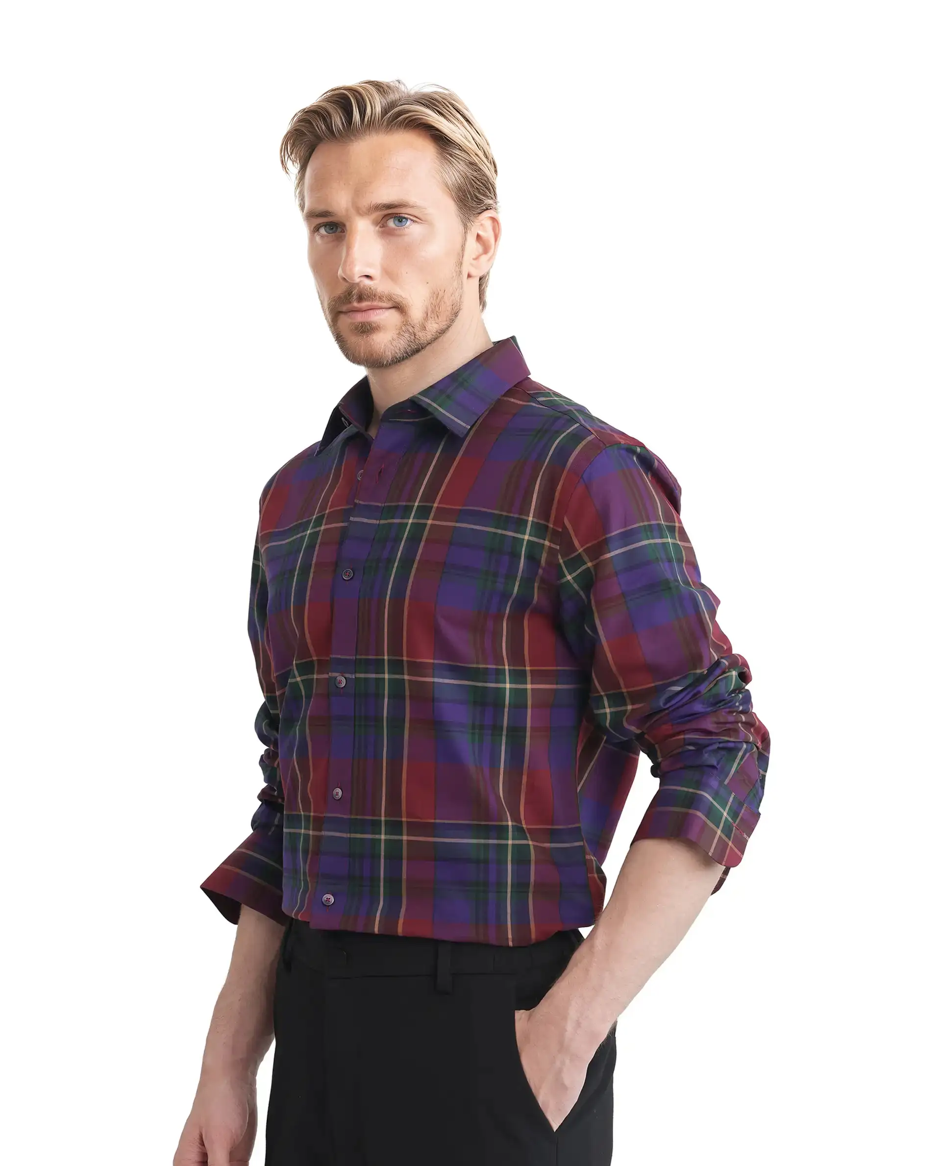 Rare Rabbit Men's Cruner Dark Purple Cotton Blend Checked Print Regular Fit Full Sleeve Collared Shirt - Image 8