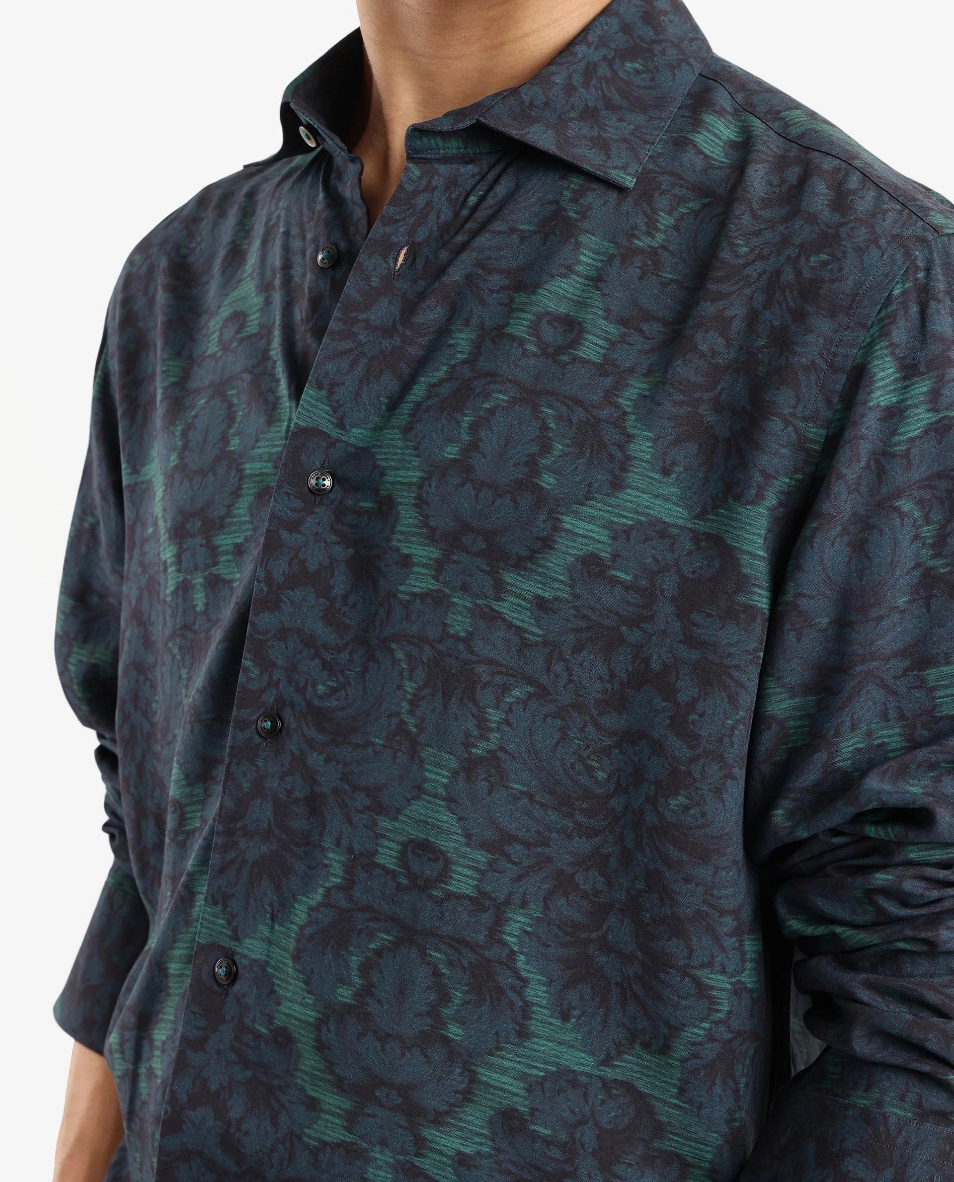 Rare Rabbit Men's Crux-1 Dark Green Viscose Floral Print Regular Fit Full Sleeve Collared Shirt - Image 4