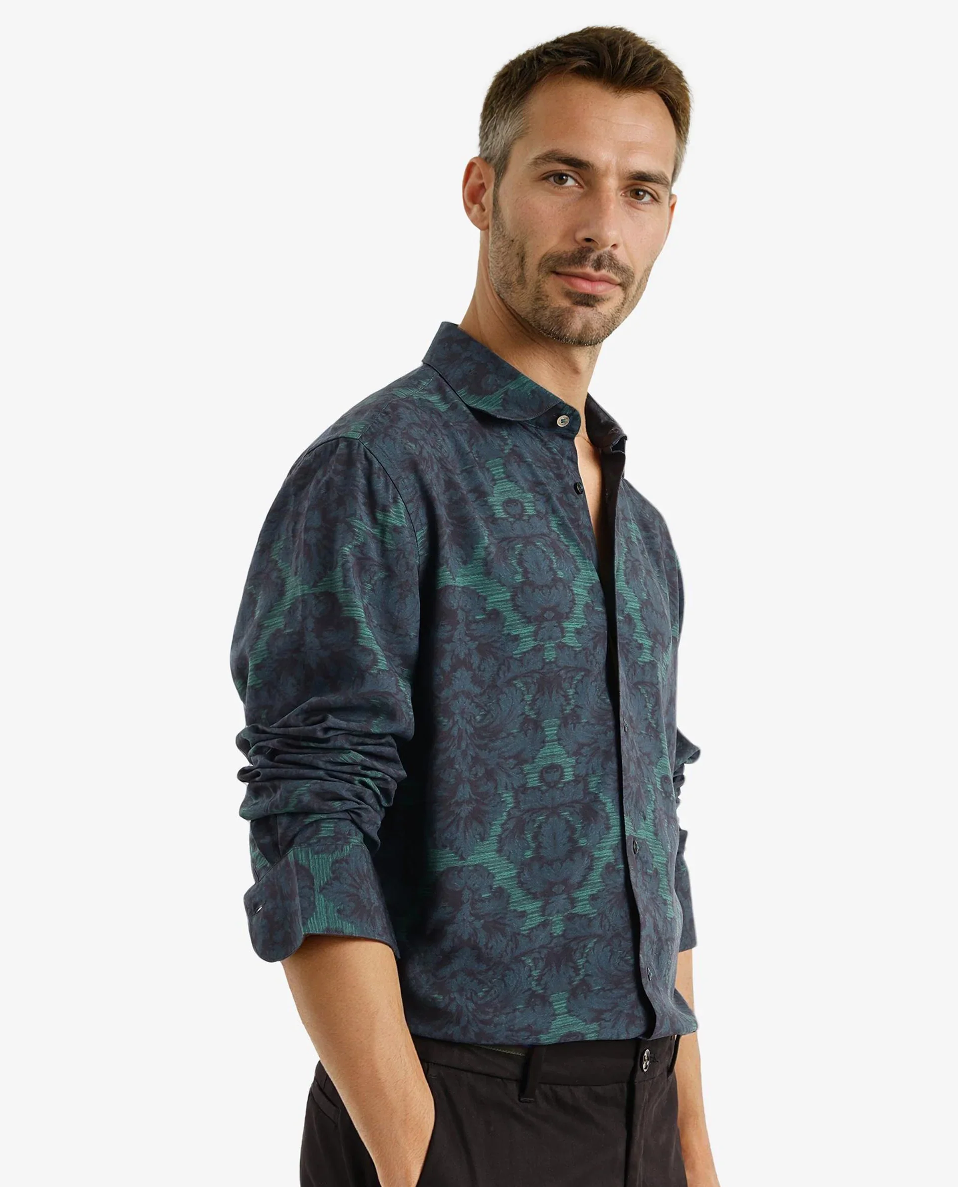 Rare Rabbit Men's Crux-1 Dark Green Viscose Floral Print Regular Fit Full Sleeve Collared Shirt - Image 6