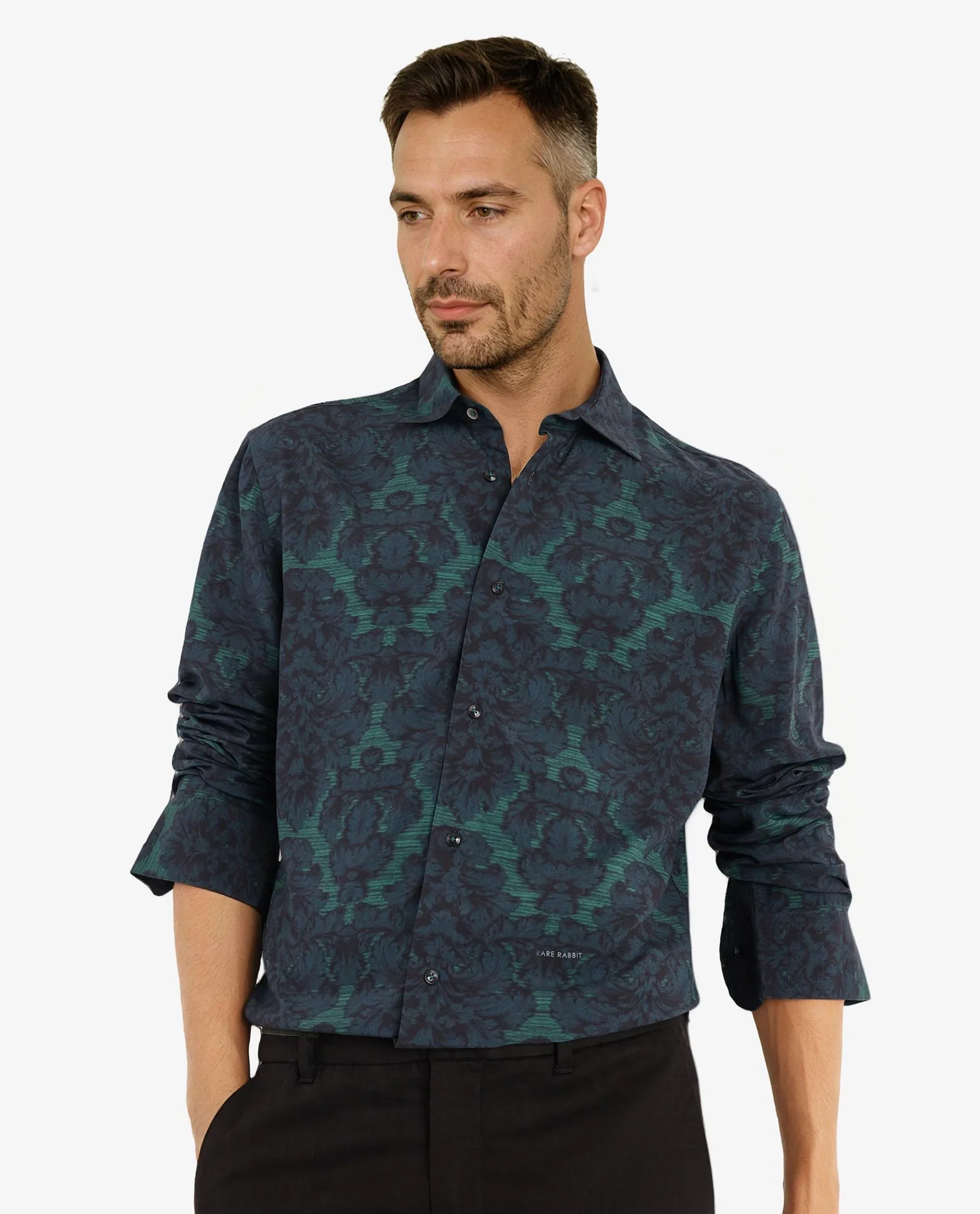 Rare Rabbit Men's Crux-1 Dark Green Viscose Floral Print Regular Fit Full Sleeve Collared Shirt - Image 7
