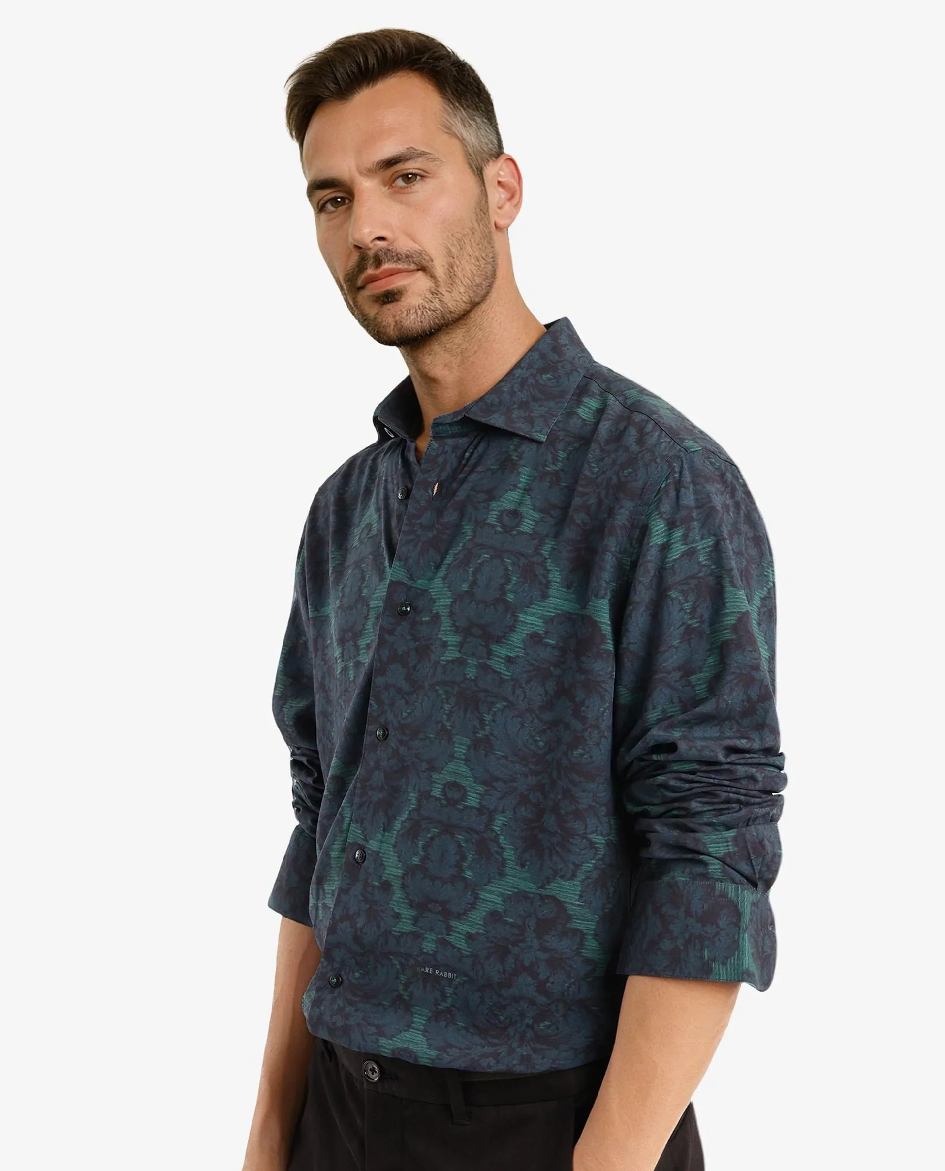 Rare Rabbit Men's Crux-1 Dark Green Viscose Floral Print Regular Fit Full Sleeve Collared Shirt - Image 8