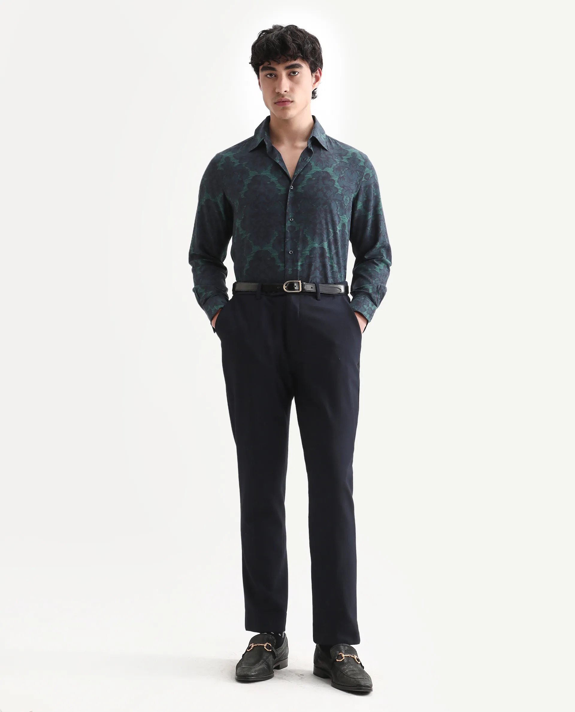 Rare Rabbit Men's Crux-25 Navy Viscose Floral Print Regular Fit Full Sleeve Collared Shirt - Image 2