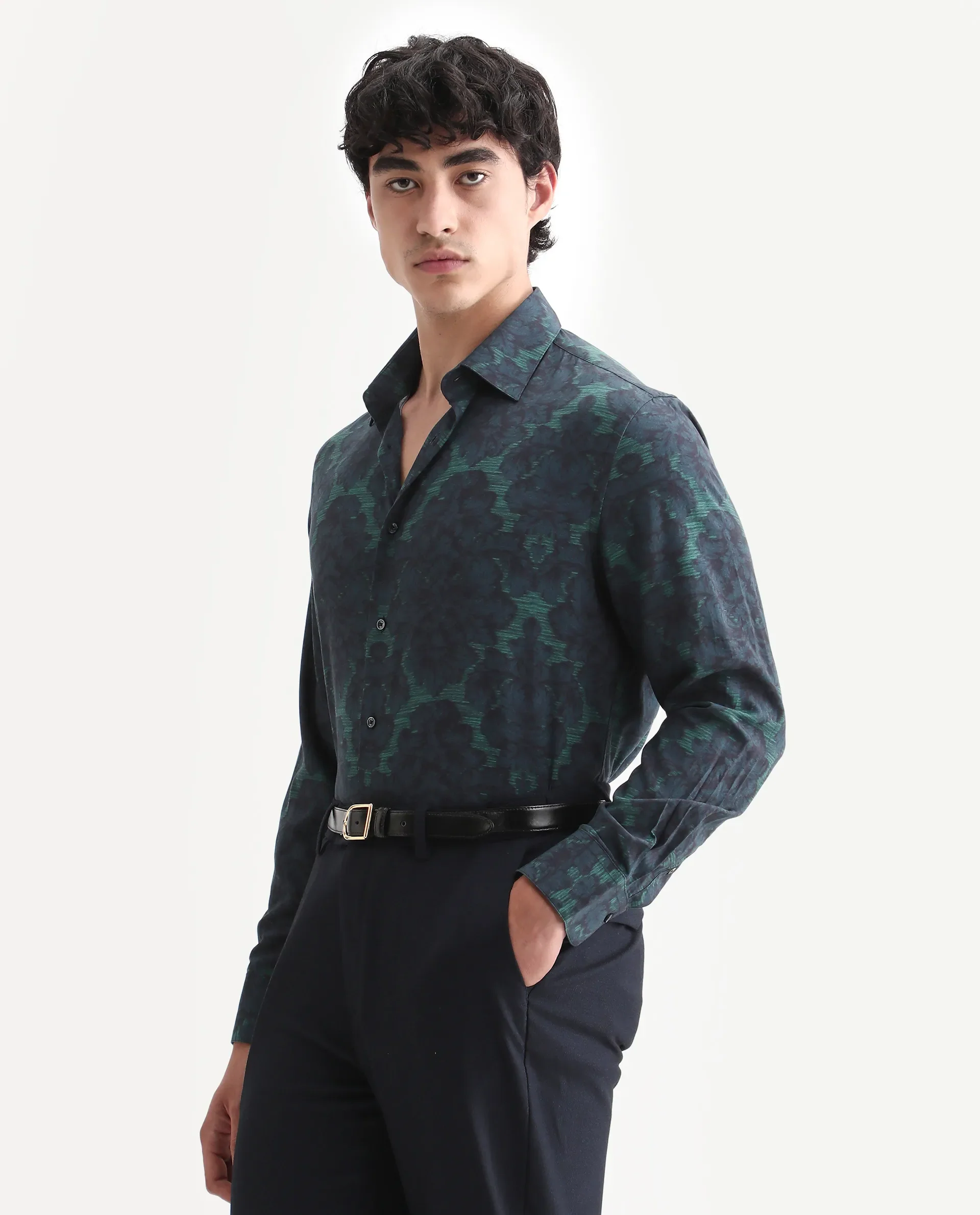 Rare Rabbit Men's Crux-25 Navy Viscose Floral Print Regular Fit Full Sleeve Collared Shirt - Image 4
