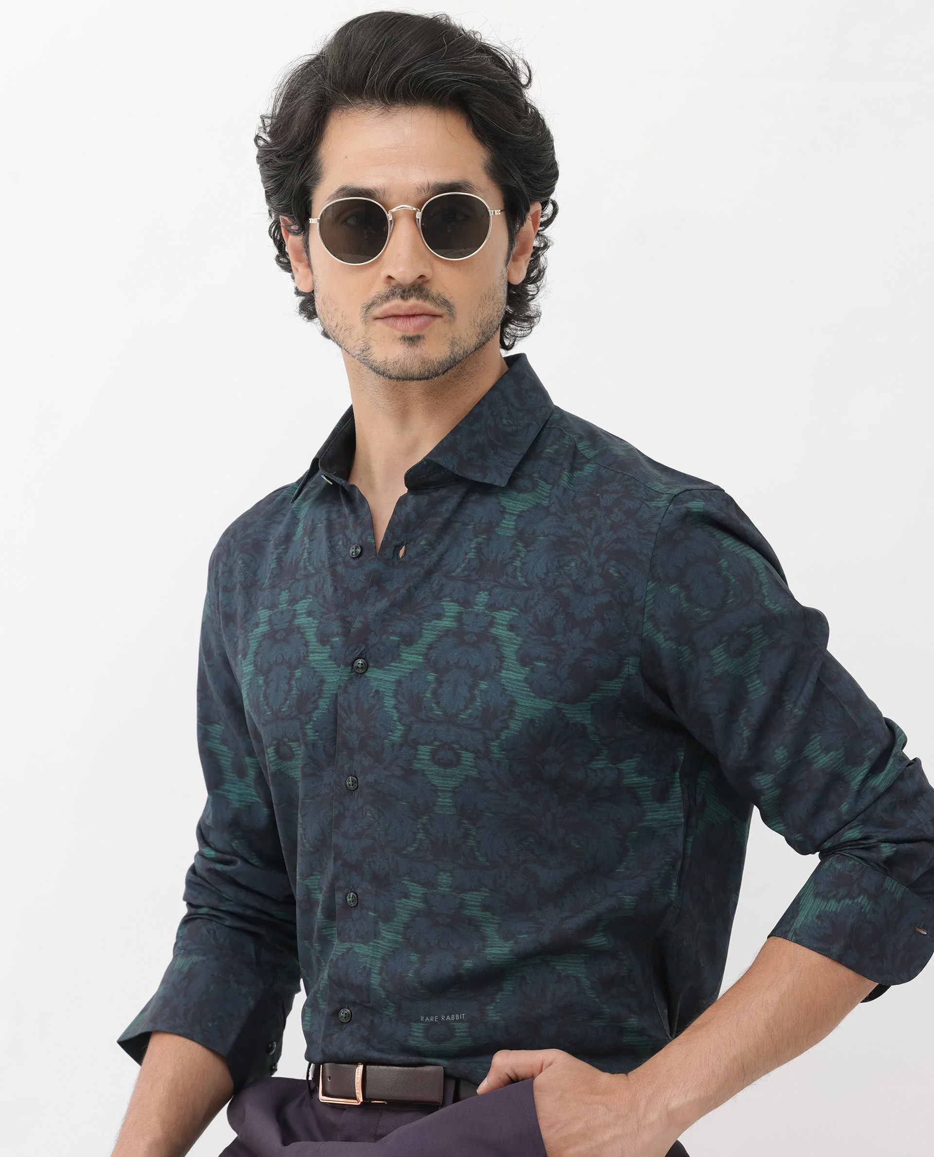 Rare Rabbit Men's Crux Dark Green Viscose Floral Print Regular Fit Full Sleeve Collared Shirt