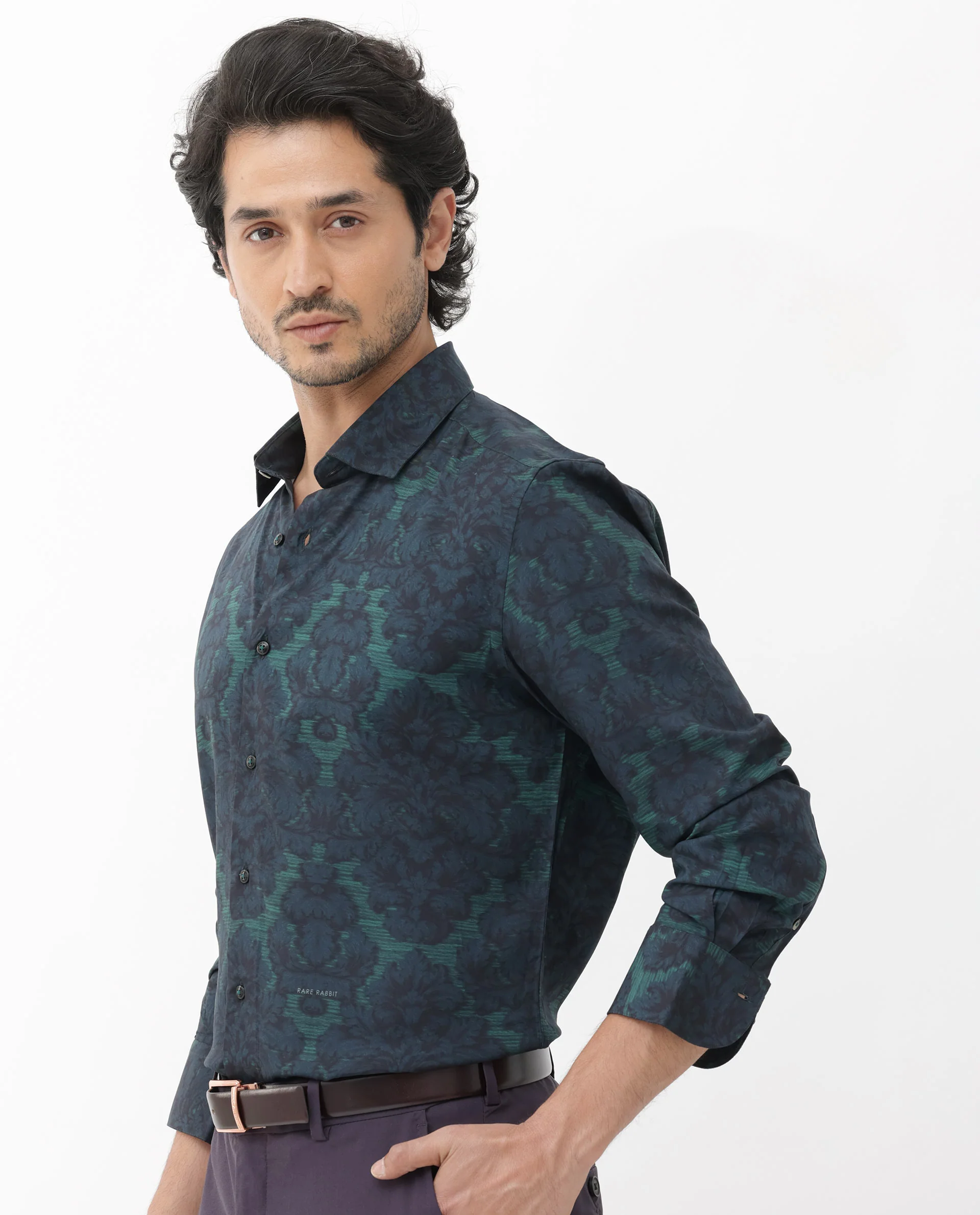 Rare Rabbit Men's Crux Dark Green Viscose Floral Print Regular Fit Full Sleeve Collared Shirt - Image 3