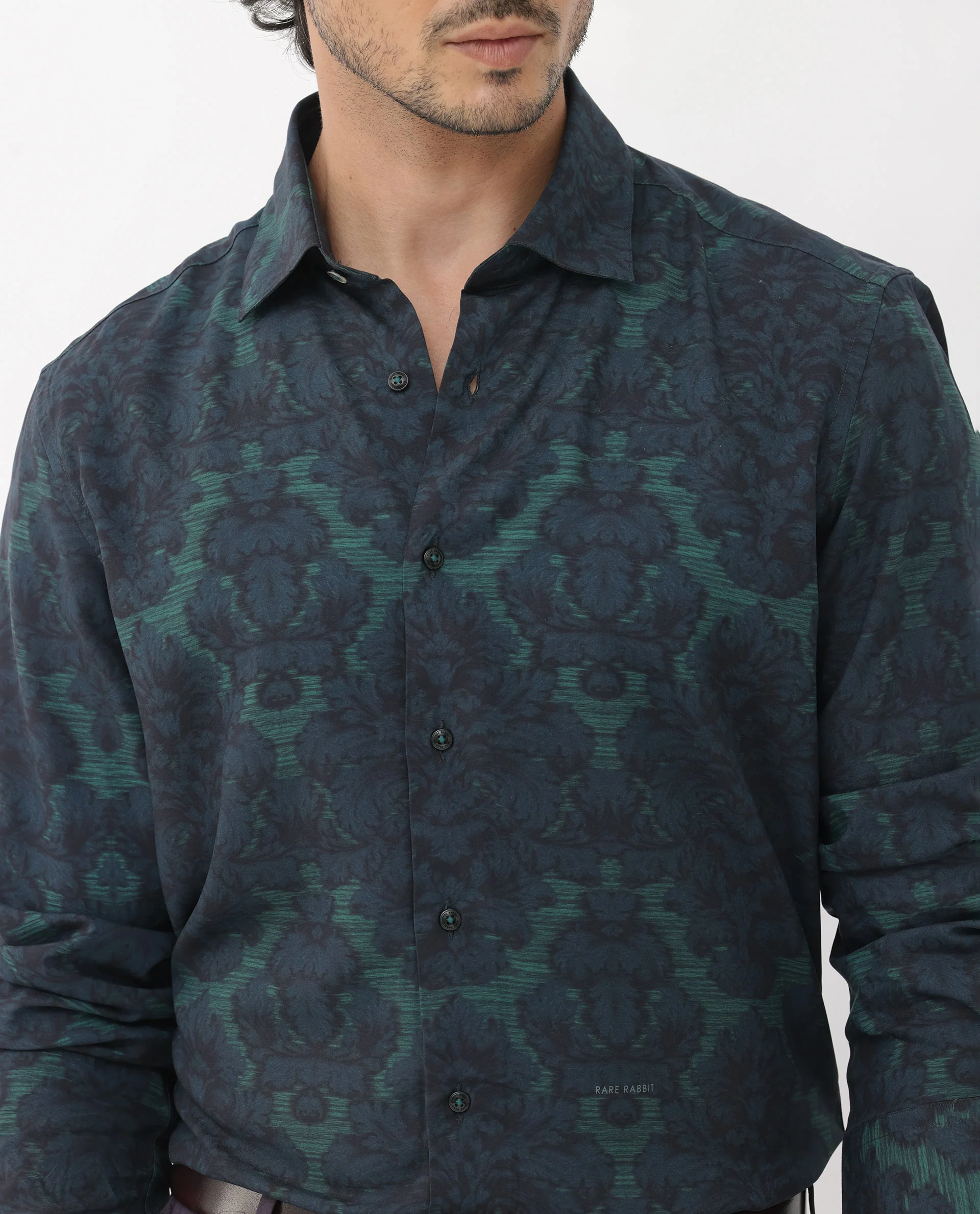 Rare Rabbit Men's Crux Dark Green Viscose Floral Print Regular Fit Full Sleeve Collared Shirt - Image 4