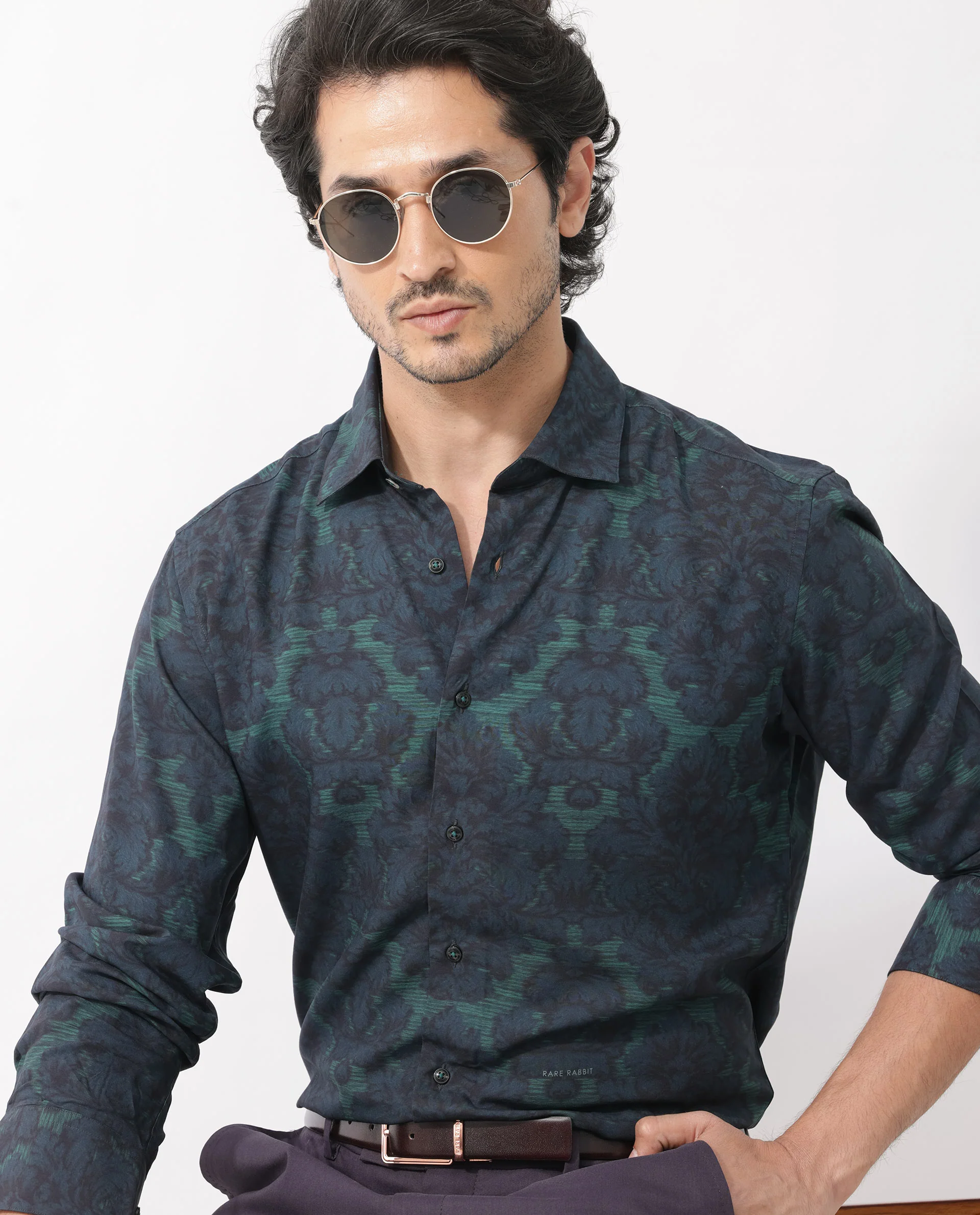 Rare Rabbit Men's Crux Dark Green Viscose Floral Print Regular Fit Full Sleeve Collared Shirt - Image 5