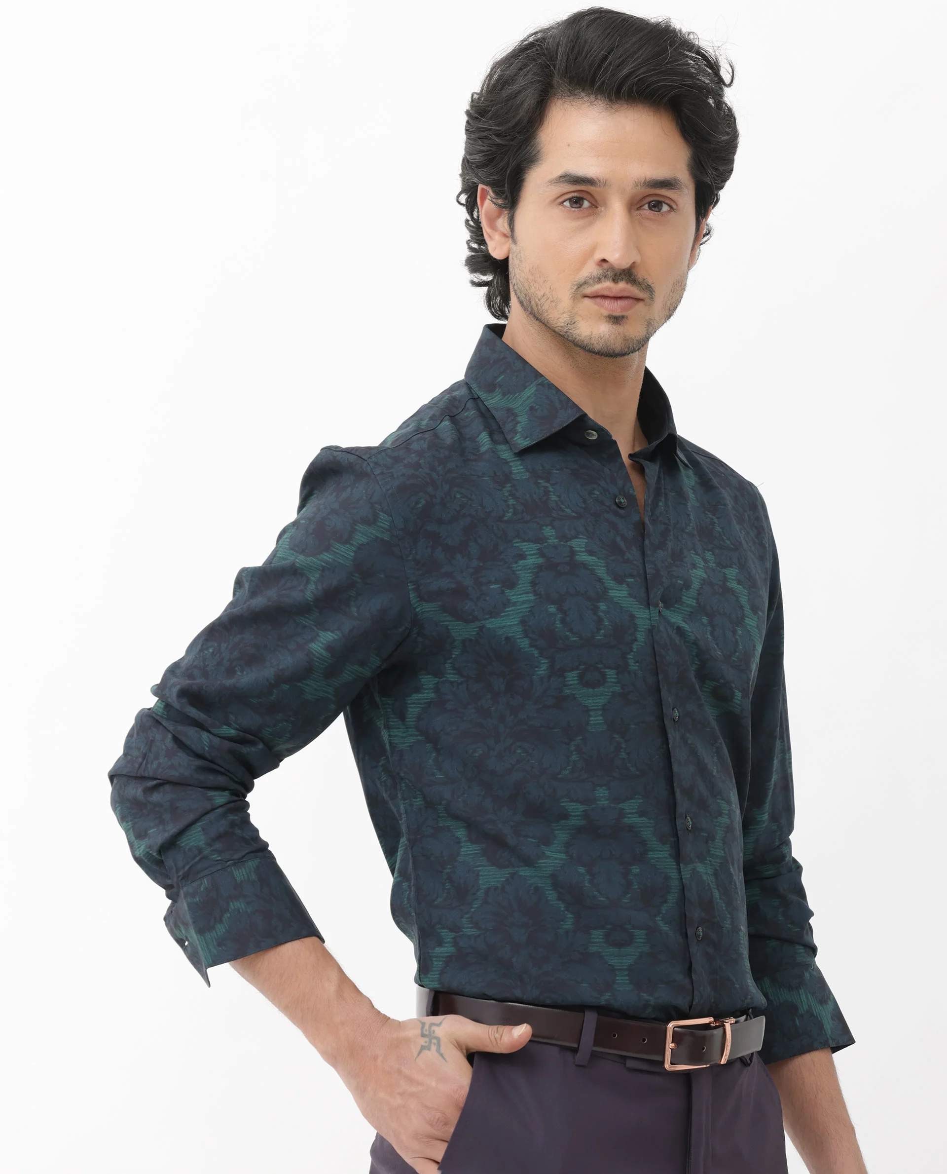 Rare Rabbit Men's Crux Dark Green Viscose Floral Print Regular Fit Full Sleeve Collared Shirt - Image 7