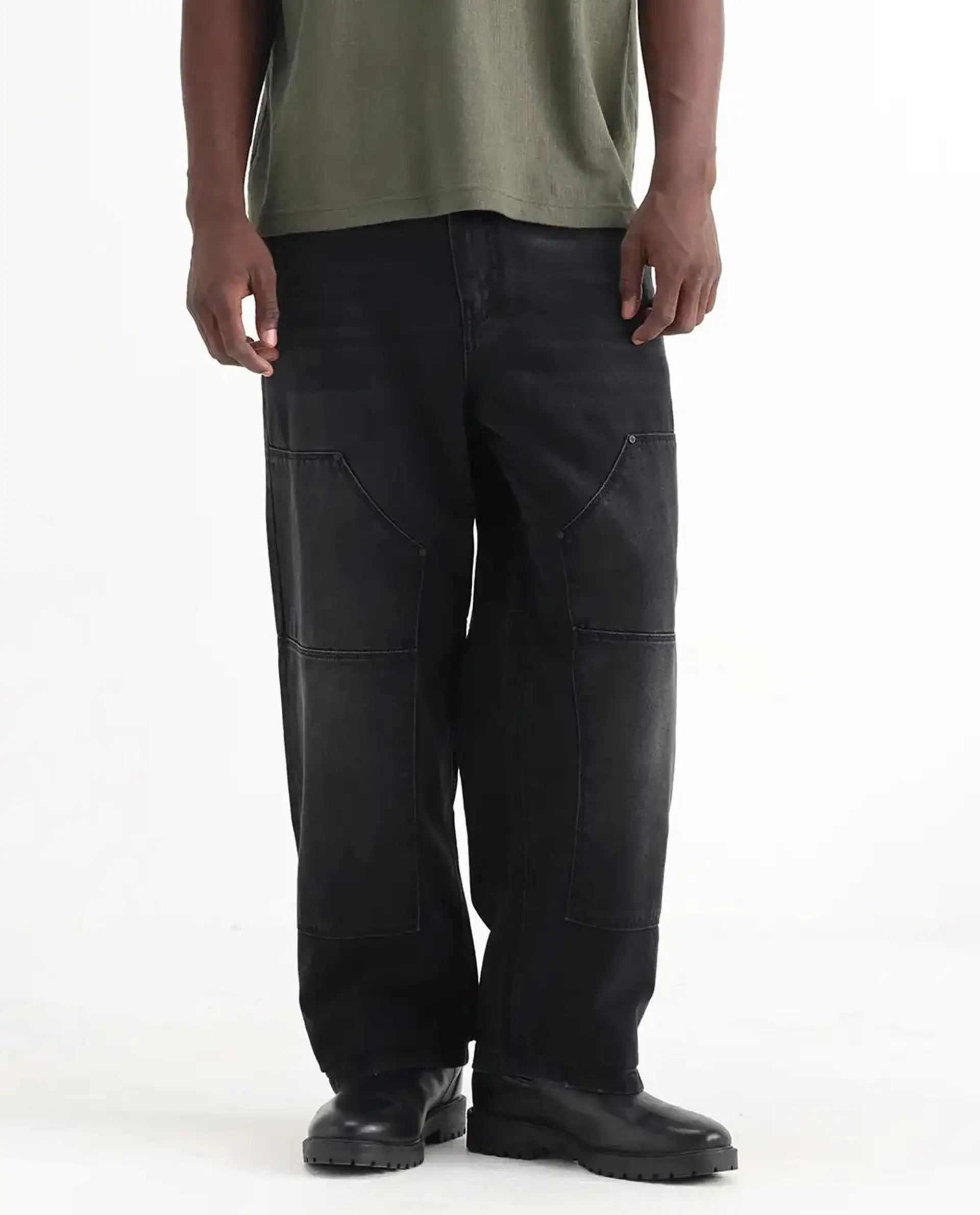 Rare Rabbit Men's Cruz Black Cotton Plain Baggy Fit Jeans - Image 10