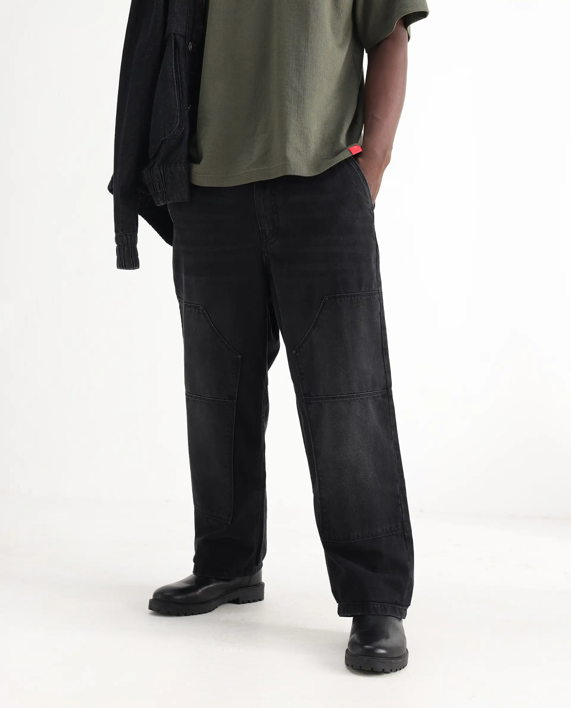 Rare Rabbit Men's Cruz Black Cotton Plain Baggy Fit Jeans - Image 2