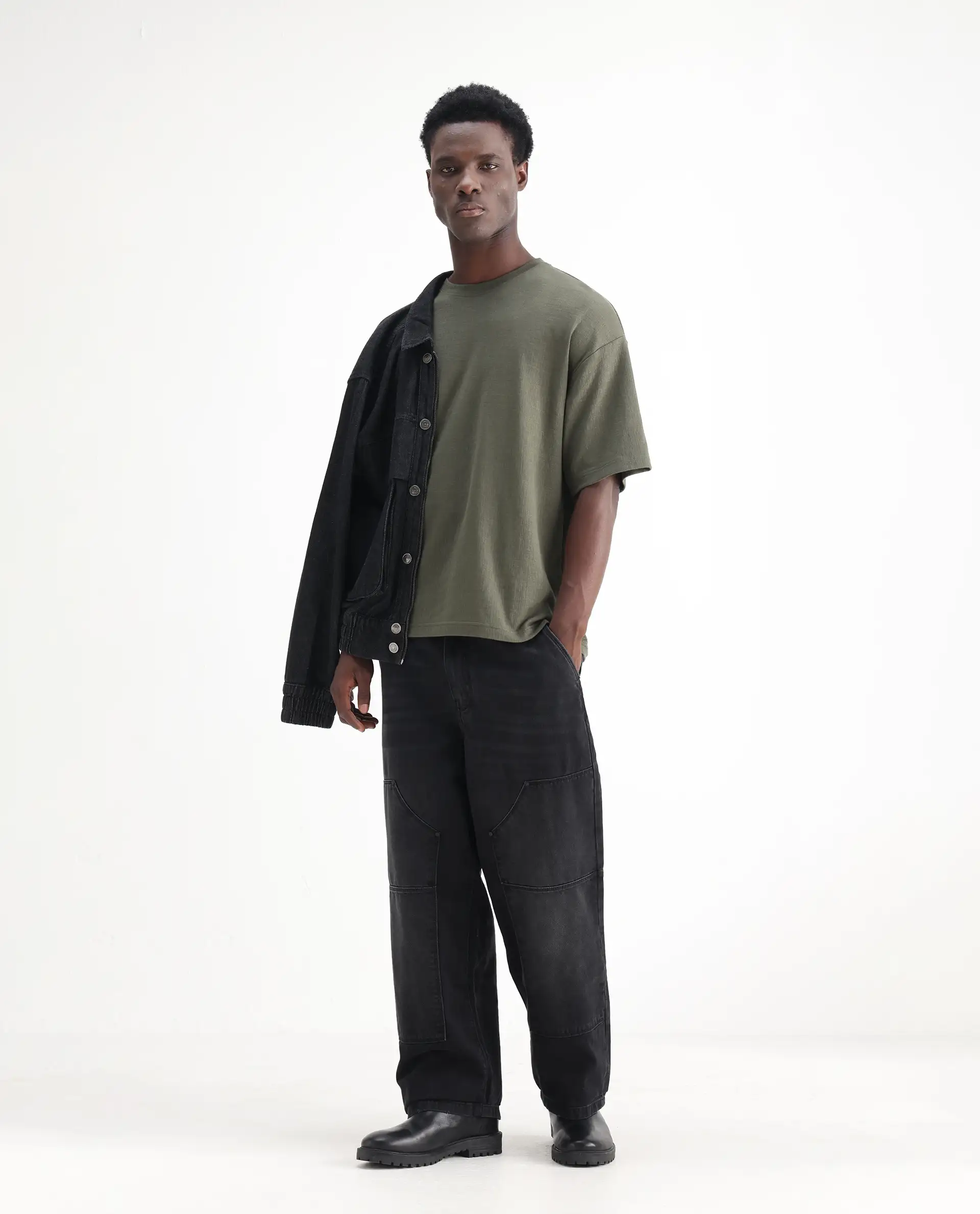 Rare Rabbit Men's Cruz Black Cotton Plain Baggy Fit Jeans - Image 7