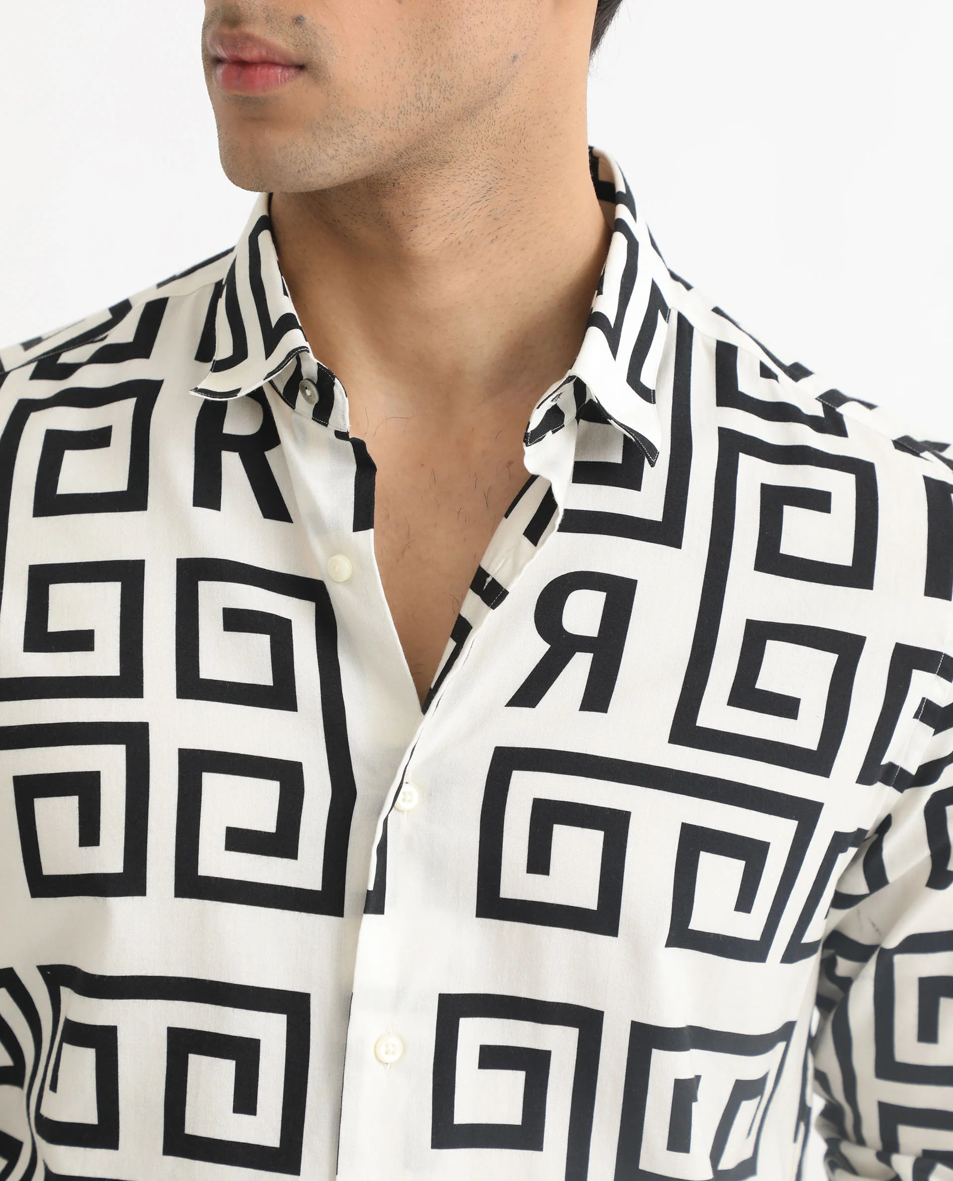 Rare Rabbit Men's Cruz Off White Cotton Monogram Print Regular Fit Full Sleeve Spread Collar Shirt - Image 2