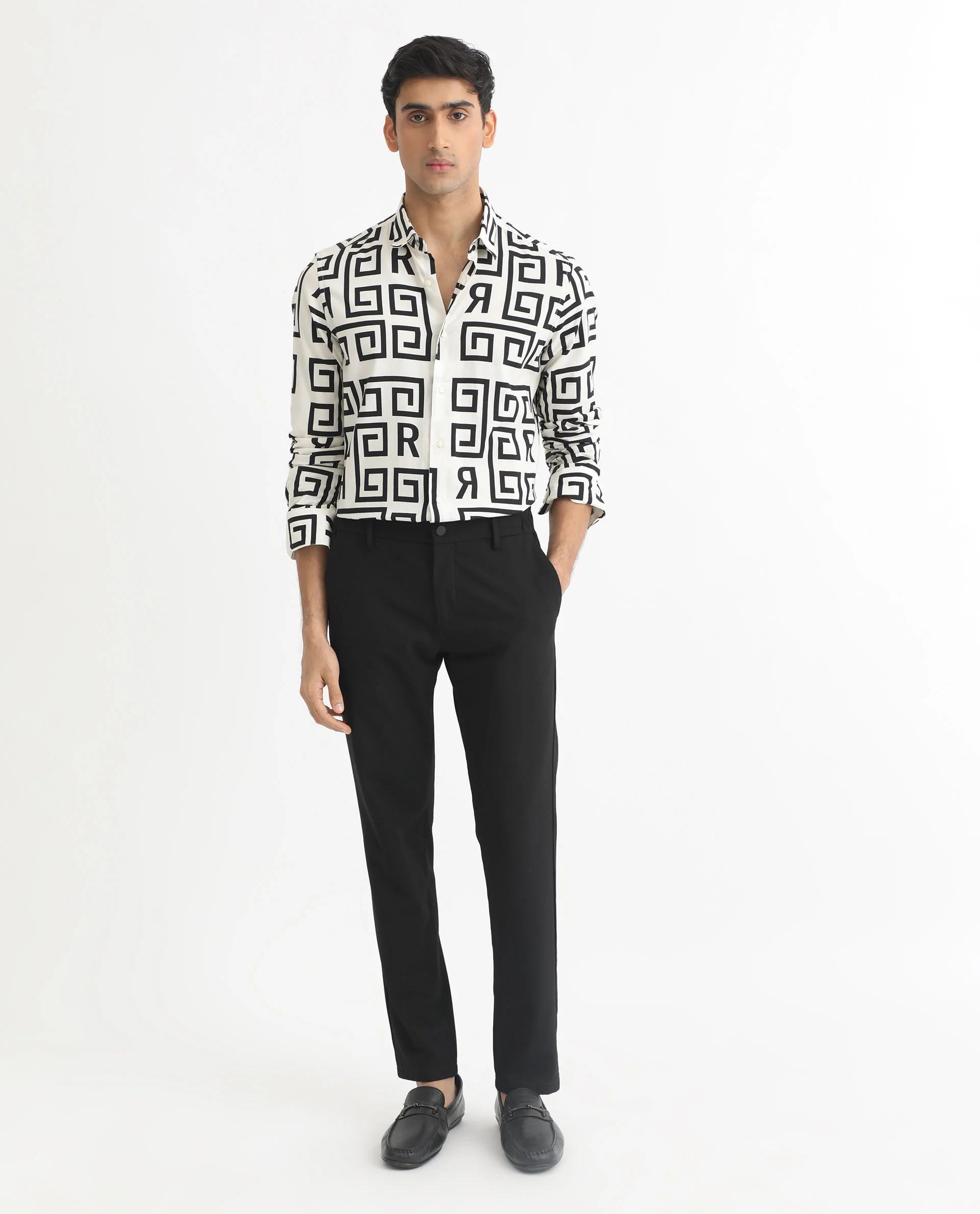 Rare Rabbit Men's Cruz Off White Cotton Monogram Print Regular Fit Full Sleeve Spread Collar Shirt - Image 4