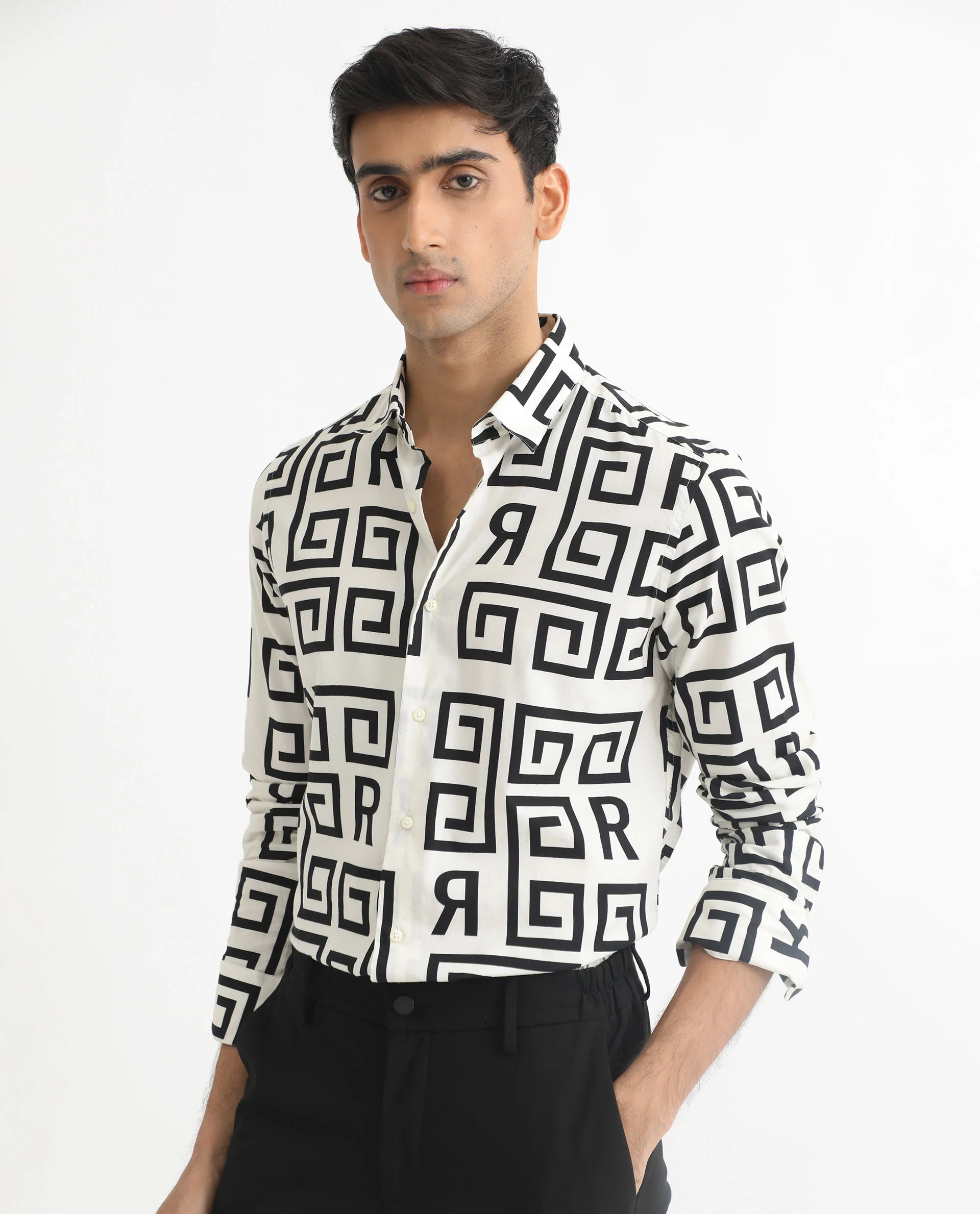 Rare Rabbit Men's Cruz Off White Cotton Monogram Print Regular Fit Full Sleeve Spread Collar Shirt - Image 5