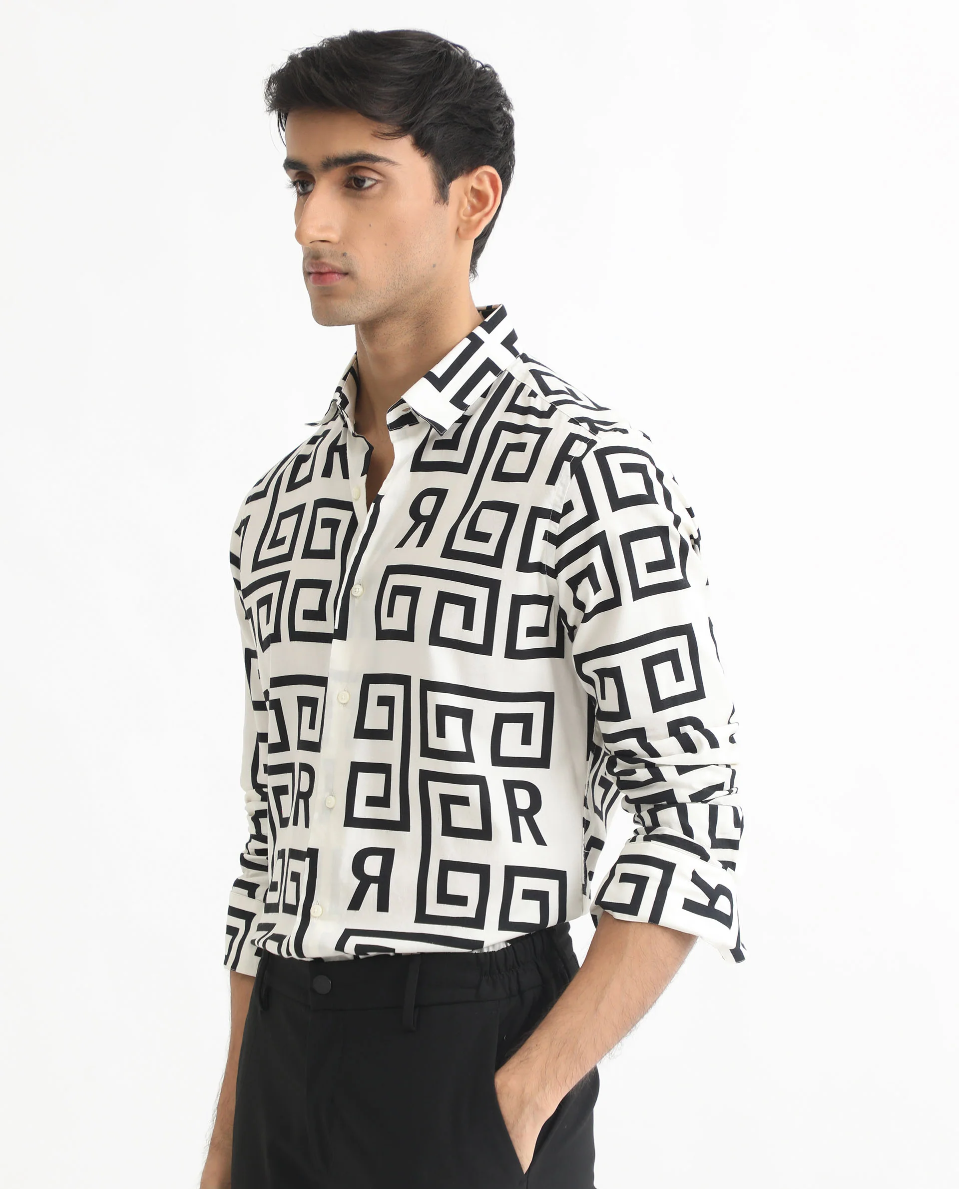 Rare Rabbit Men's Cruz Off White Cotton Monogram Print Regular Fit Full Sleeve Spread Collar Shirt - Image 6