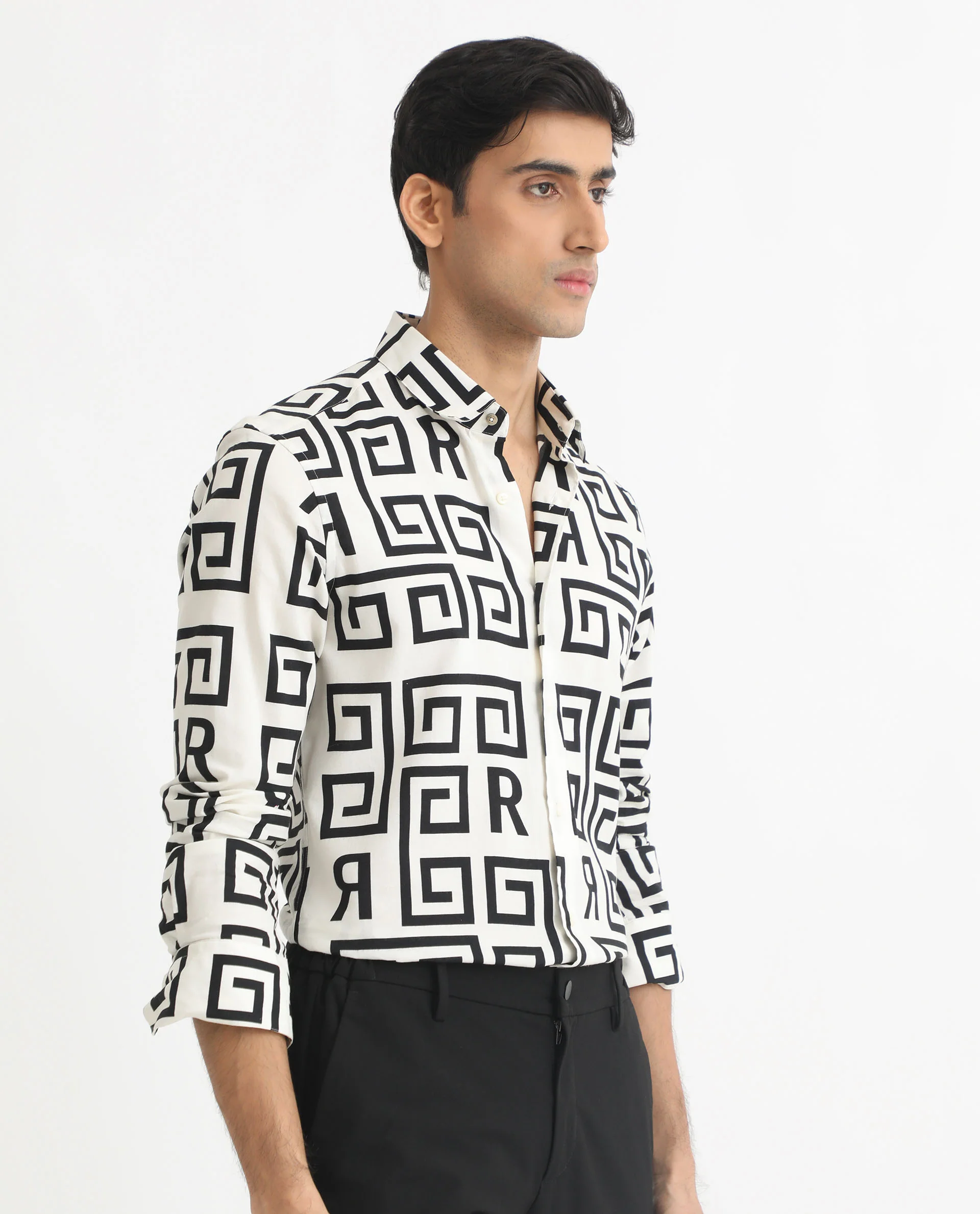 Rare Rabbit Men's Cruz Off White Cotton Monogram Print Regular Fit Full Sleeve Spread Collar Shirt - Image 7