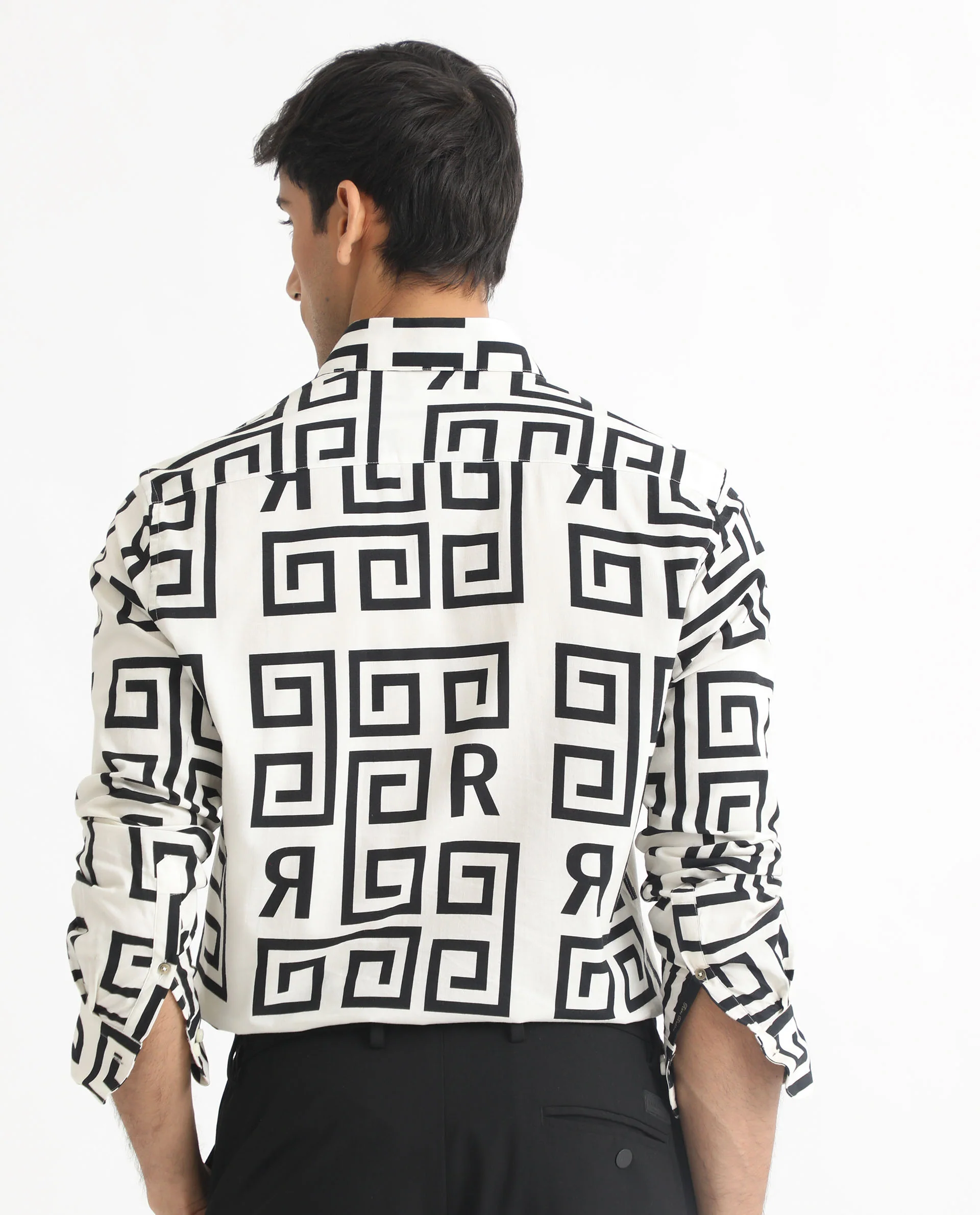 Rare Rabbit Men's Cruz Off White Cotton Monogram Print Regular Fit Full Sleeve Spread Collar Shirt - Image 9