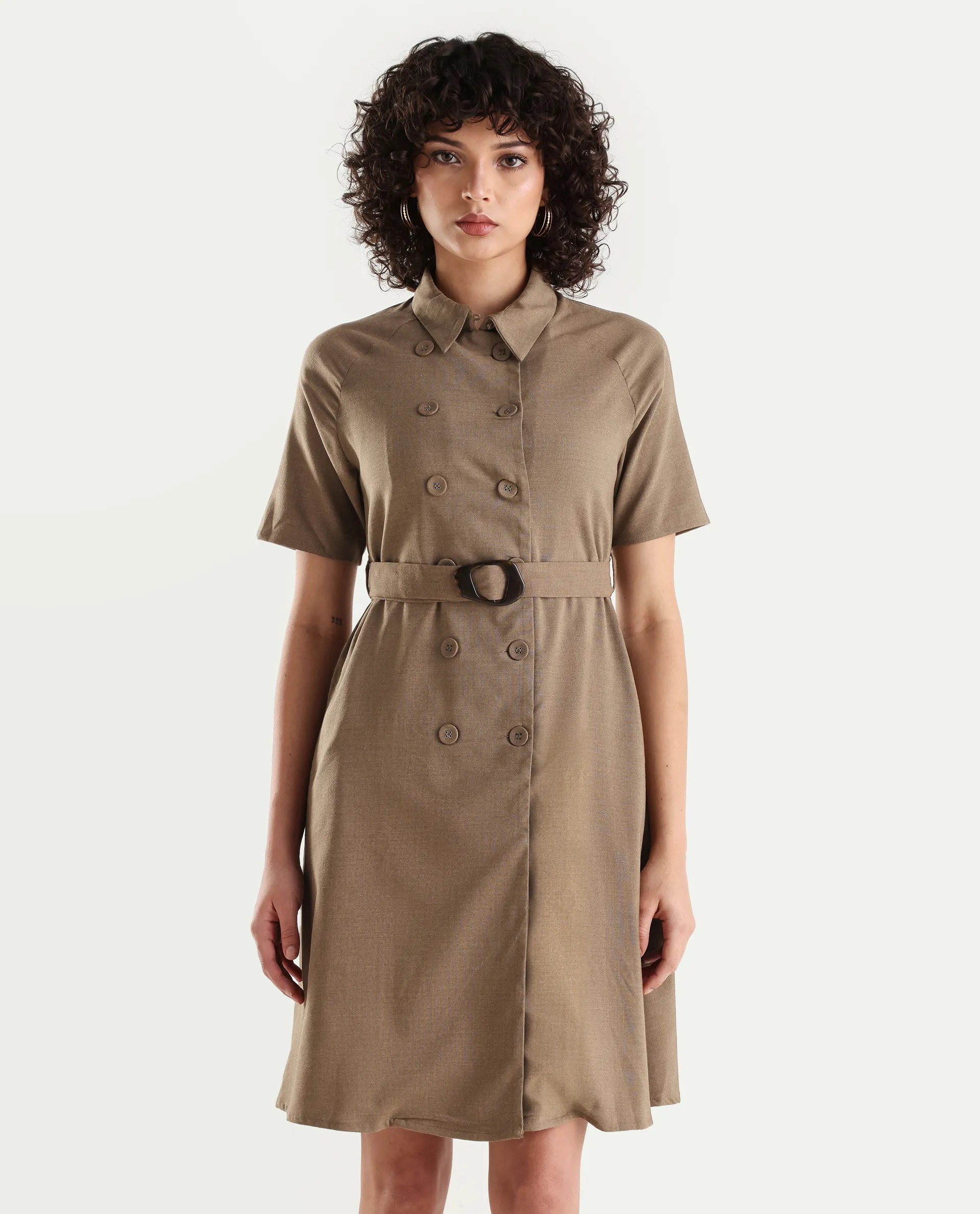 Rareism Women's Polyester Blend Drop Collar Plain Knee Length A-Line Dress - Image 2