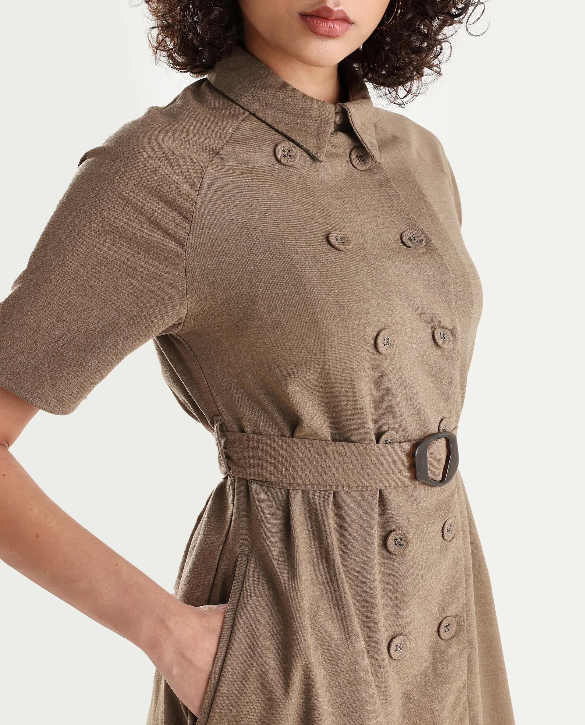 Rareism Women's Polyester Blend Drop Collar Plain Knee Length A-Line Dress - Image 4