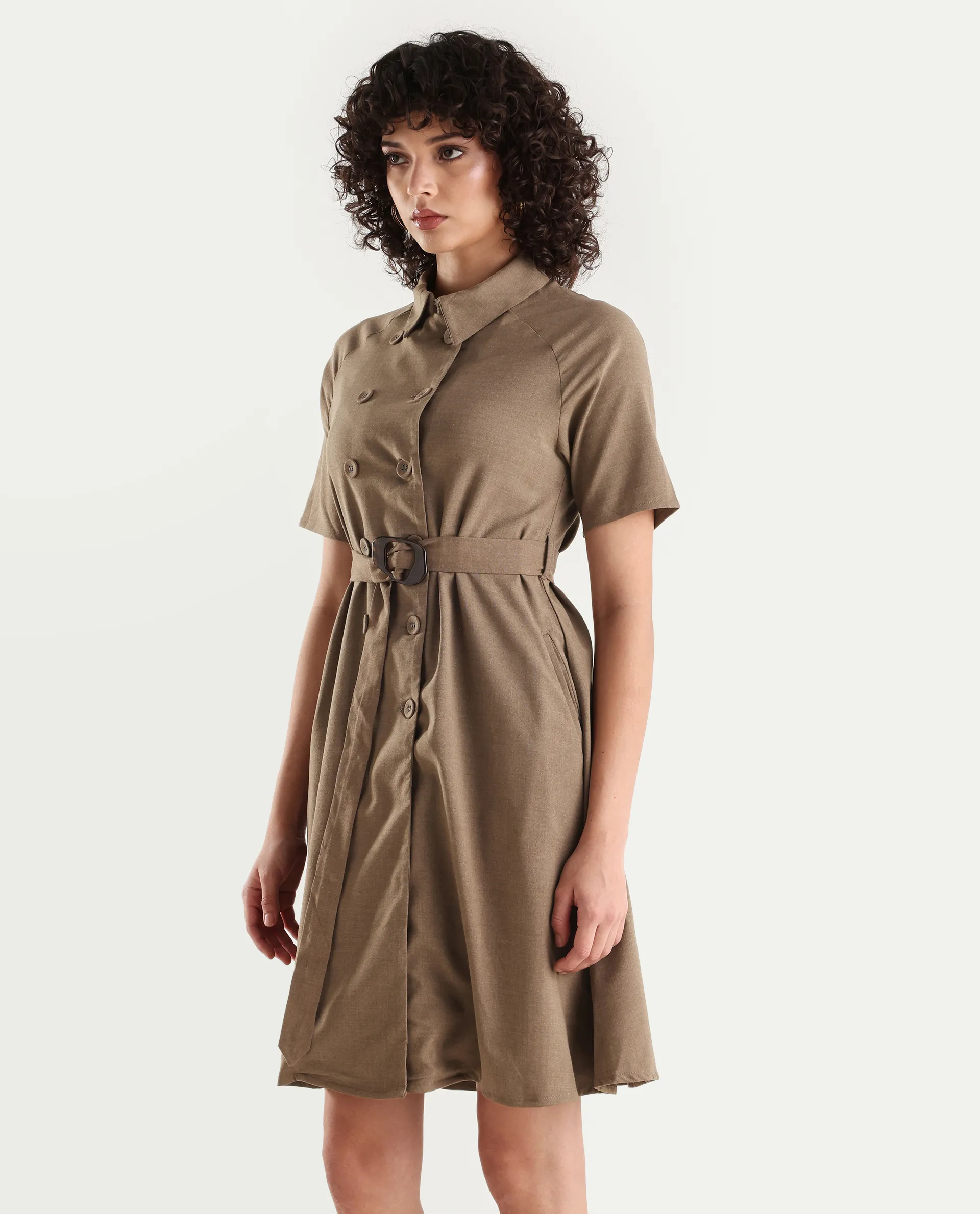 Rareism Women's Polyester Blend Drop Collar Plain Knee Length A-Line Dress - Image 5