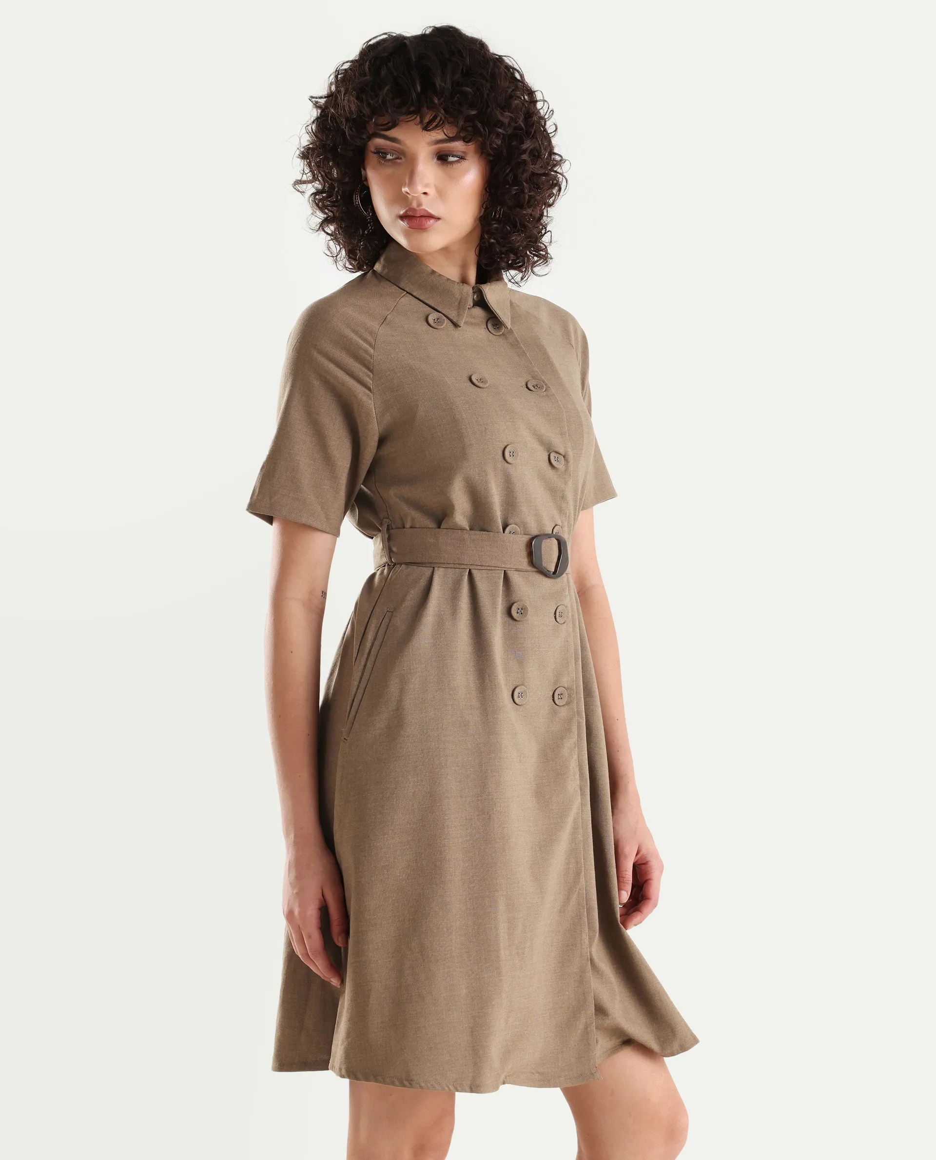 Rareism Women's Polyester Blend Drop Collar Plain Knee Length A-Line Dress - Image 6