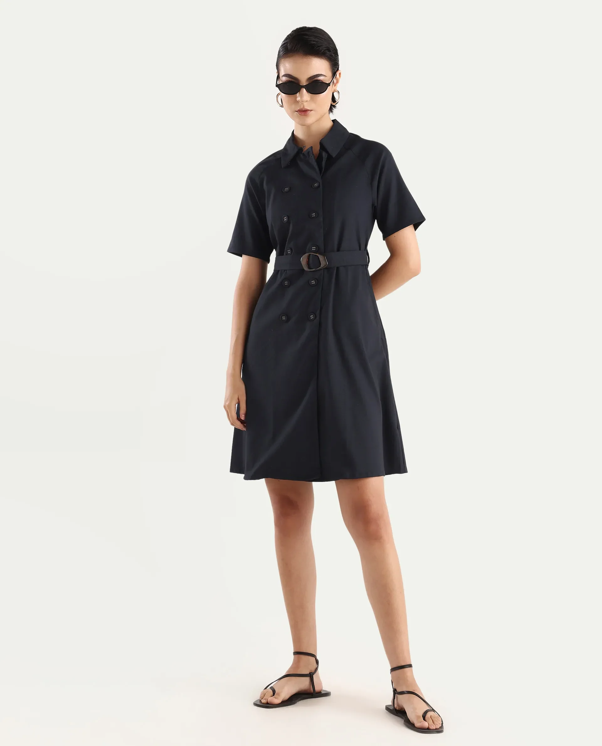 Rareism Women's Crypty Navy Polyester Blend Drop Collar Plain Knee Length A-Line Dress - Image 2