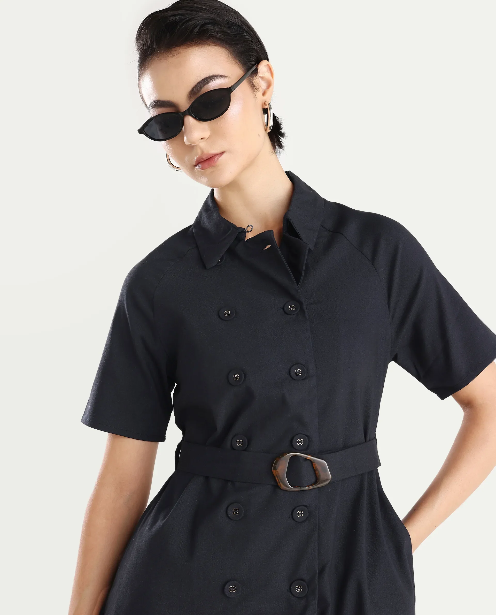 Rareism Women's Crypty Navy Polyester Blend Drop Collar Plain Knee Length A-Line Dress - Image 3