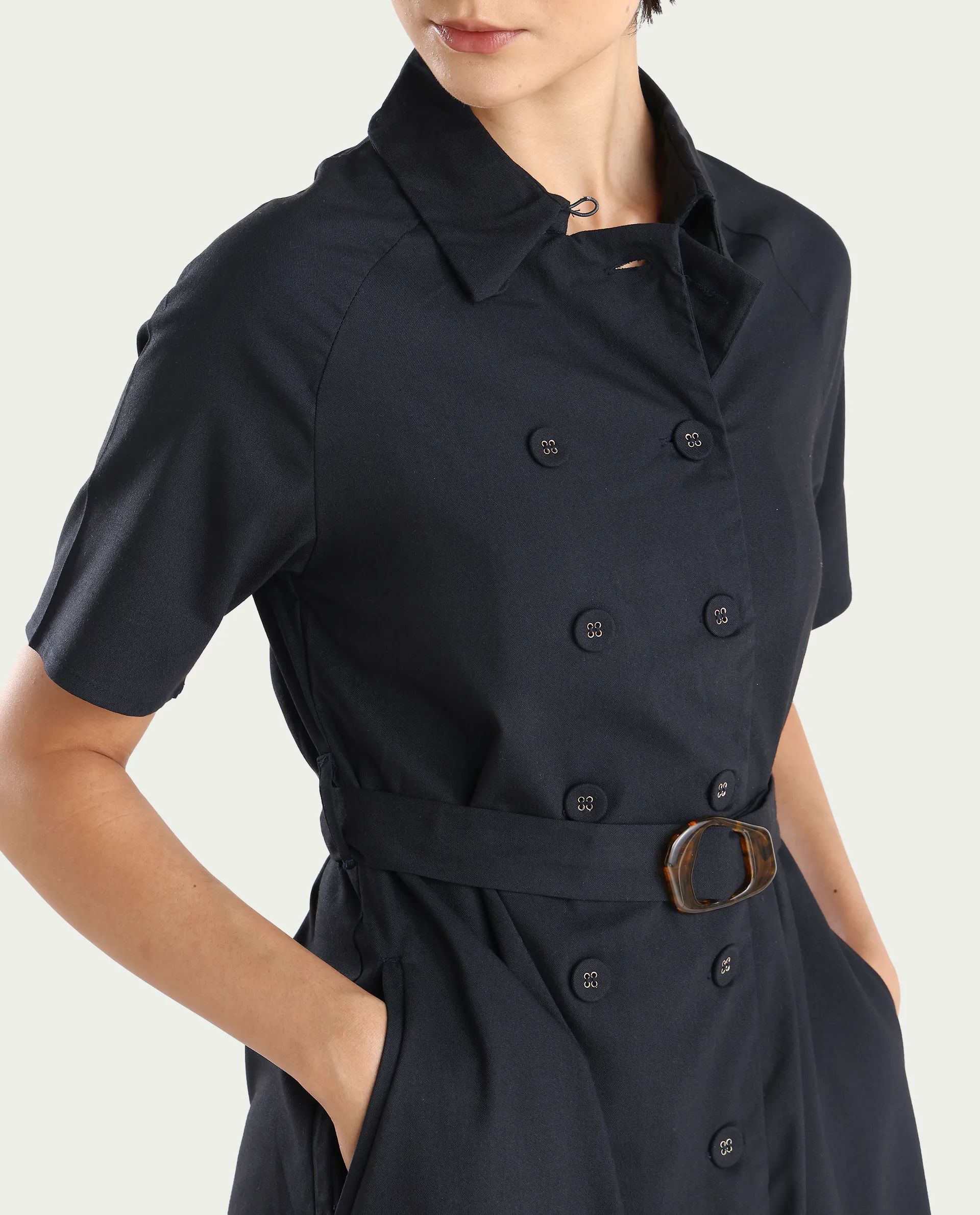 Rareism Women's Crypty Navy Polyester Blend Drop Collar Plain Knee Length A-Line Dress - Image 4