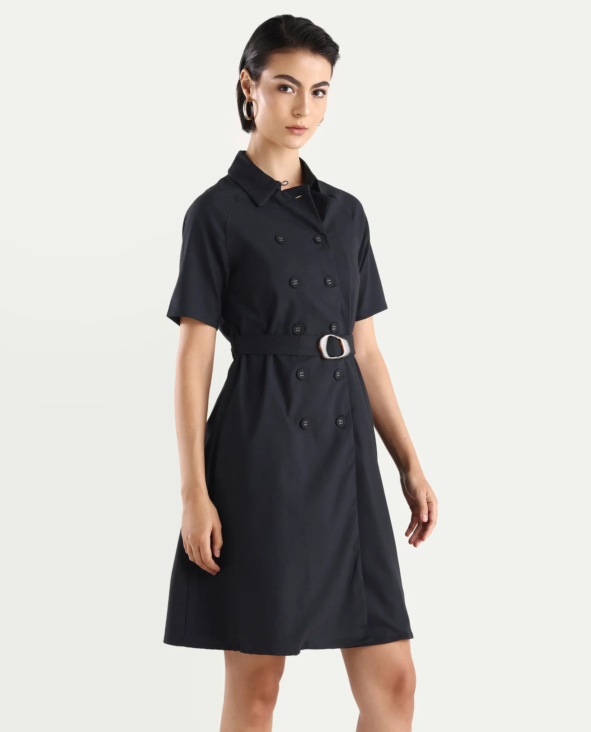 Rareism Women's Crypty Navy Polyester Blend Drop Collar Plain Knee Length A-Line Dress - Image 5