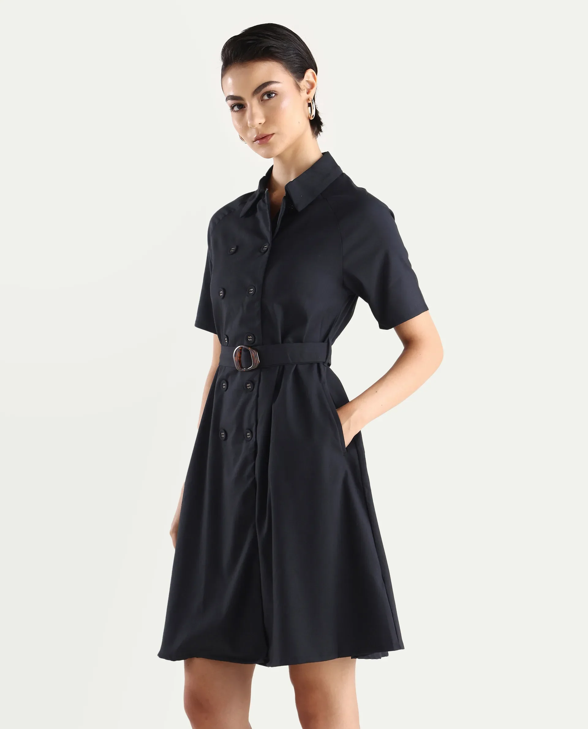 Rareism Women's Crypty Navy Polyester Blend Drop Collar Plain Knee Length A-Line Dress - Image 6