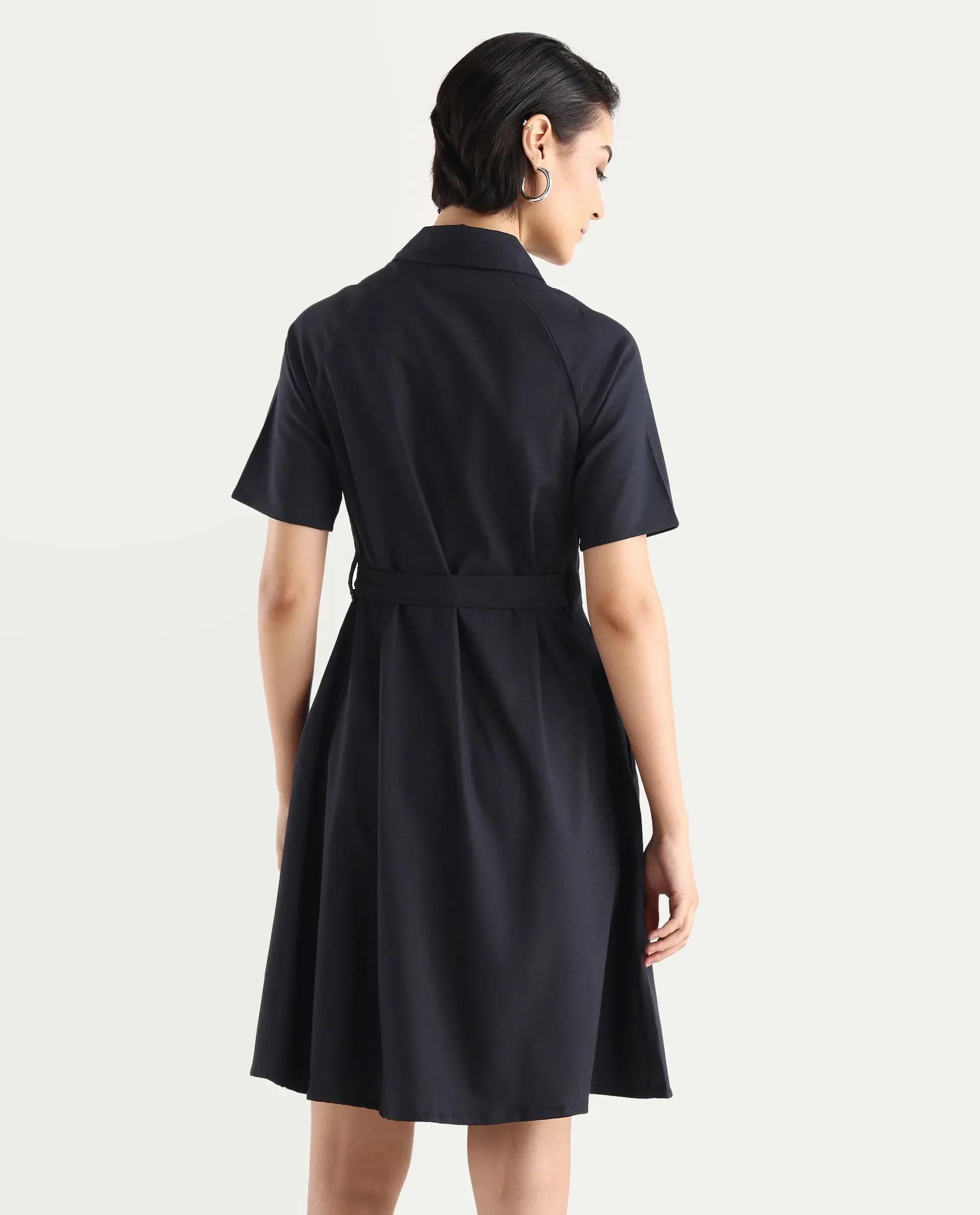 Rareism Women's Crypty Navy Polyester Blend Drop Collar Plain Knee Length A-Line Dress - Image 7