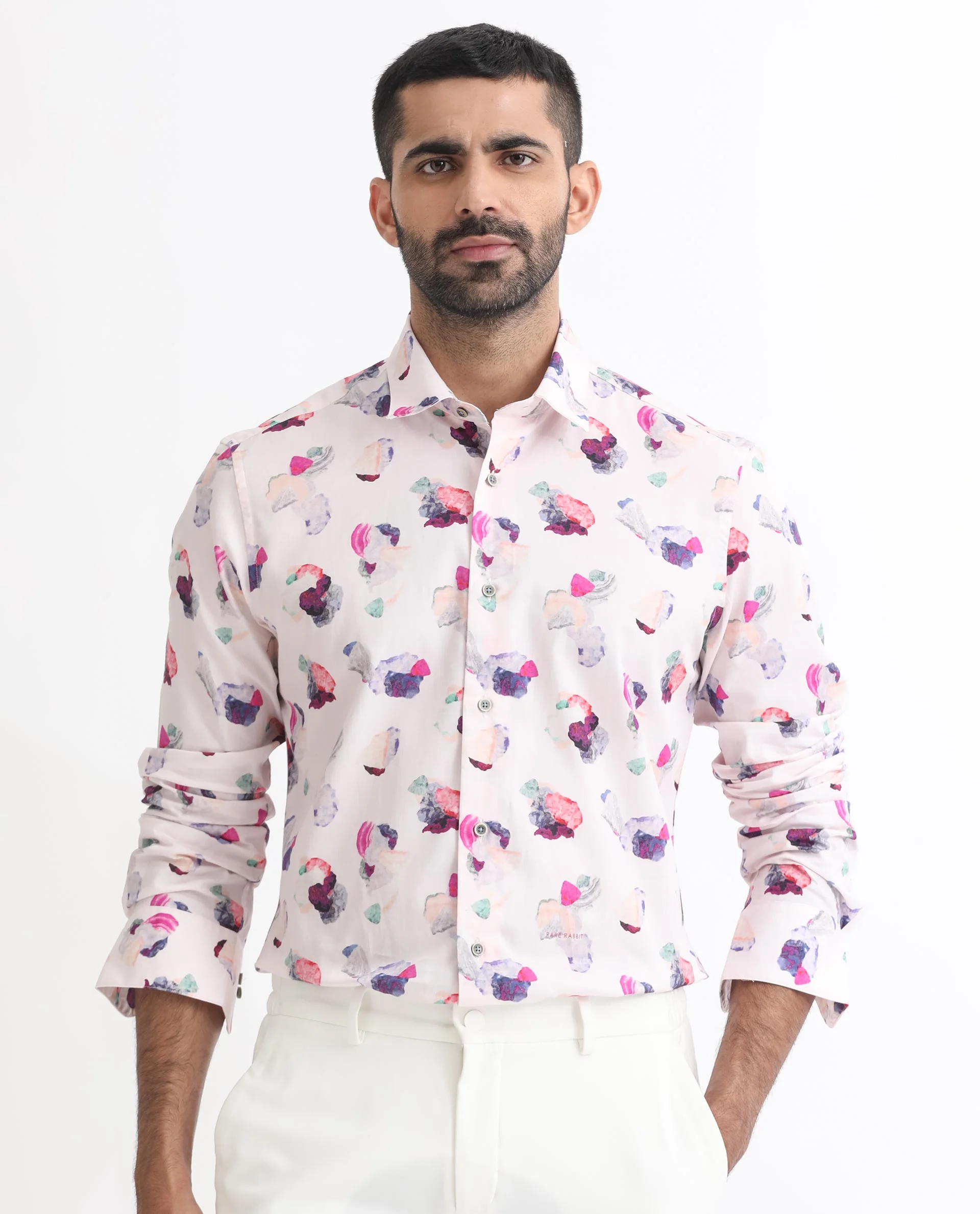 Rare Rabbit Men's Crysta- Pink Cotton Abstract Print Regular Fit Full Sleeve Collared Shirt