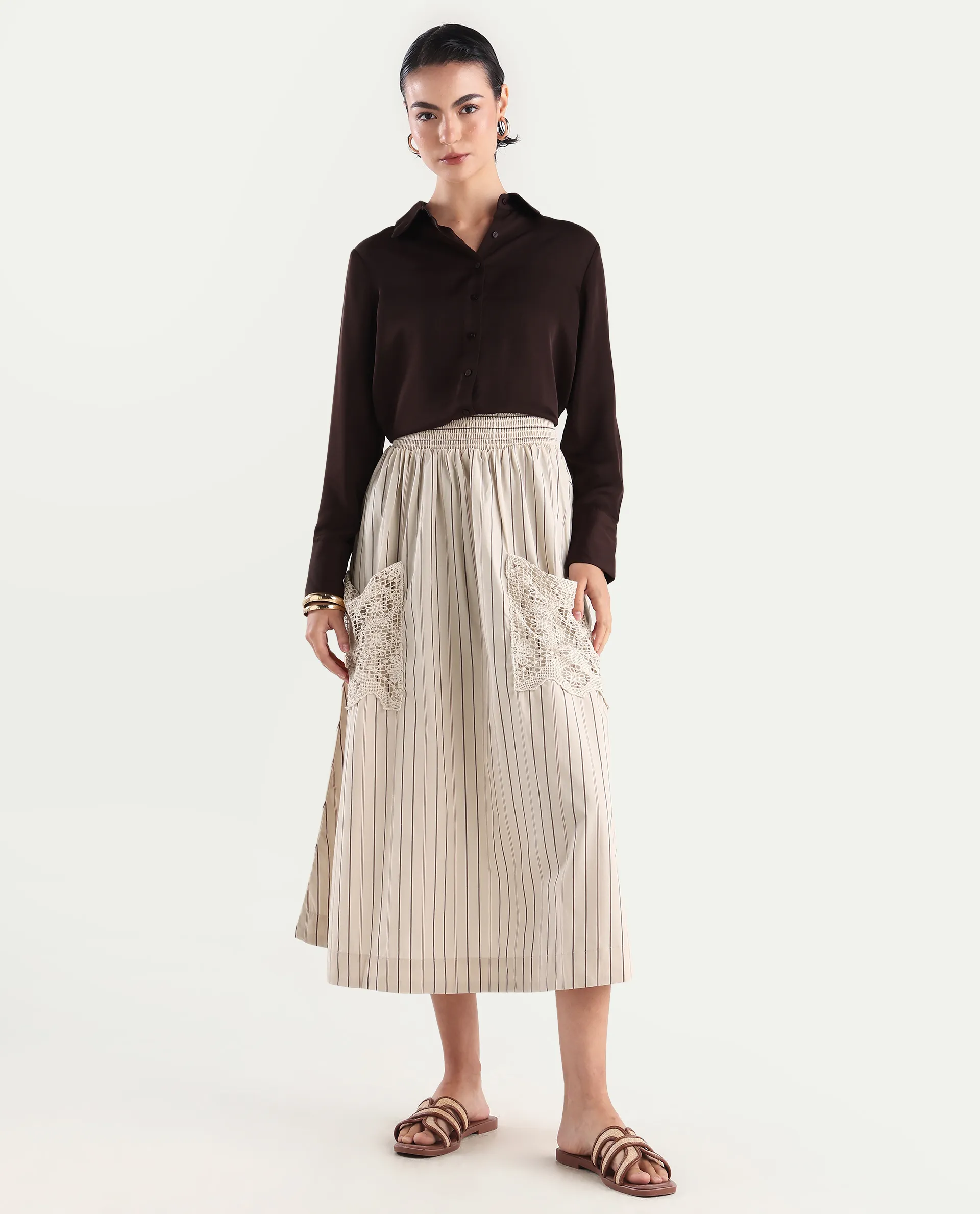 Rareism Women's Cuba-B Light Beige Cotton Plain Midi Flared Skirt - Image 2