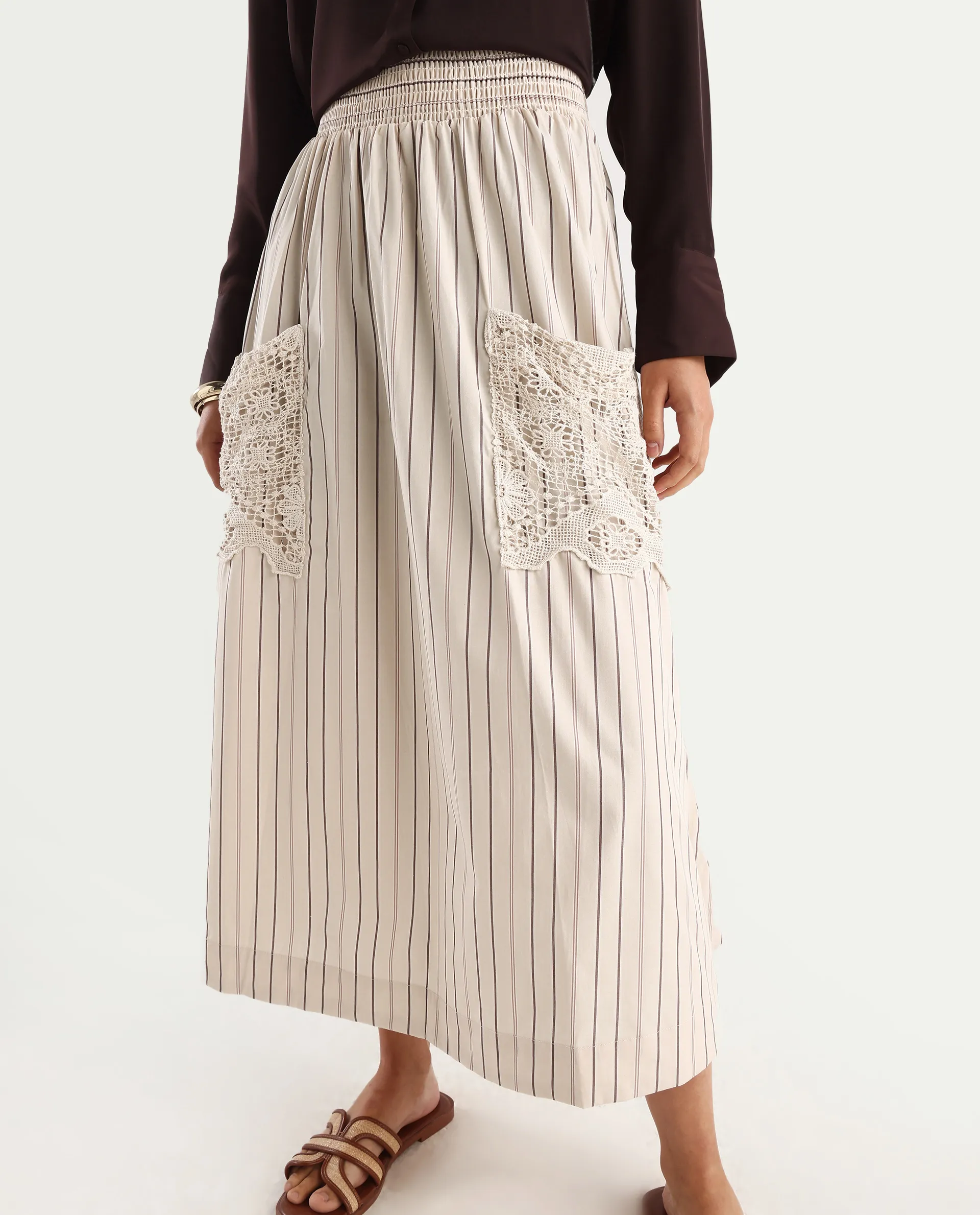 Rareism Women's Cuba-B Light Beige Cotton Plain Midi Flared Skirt - Image 3
