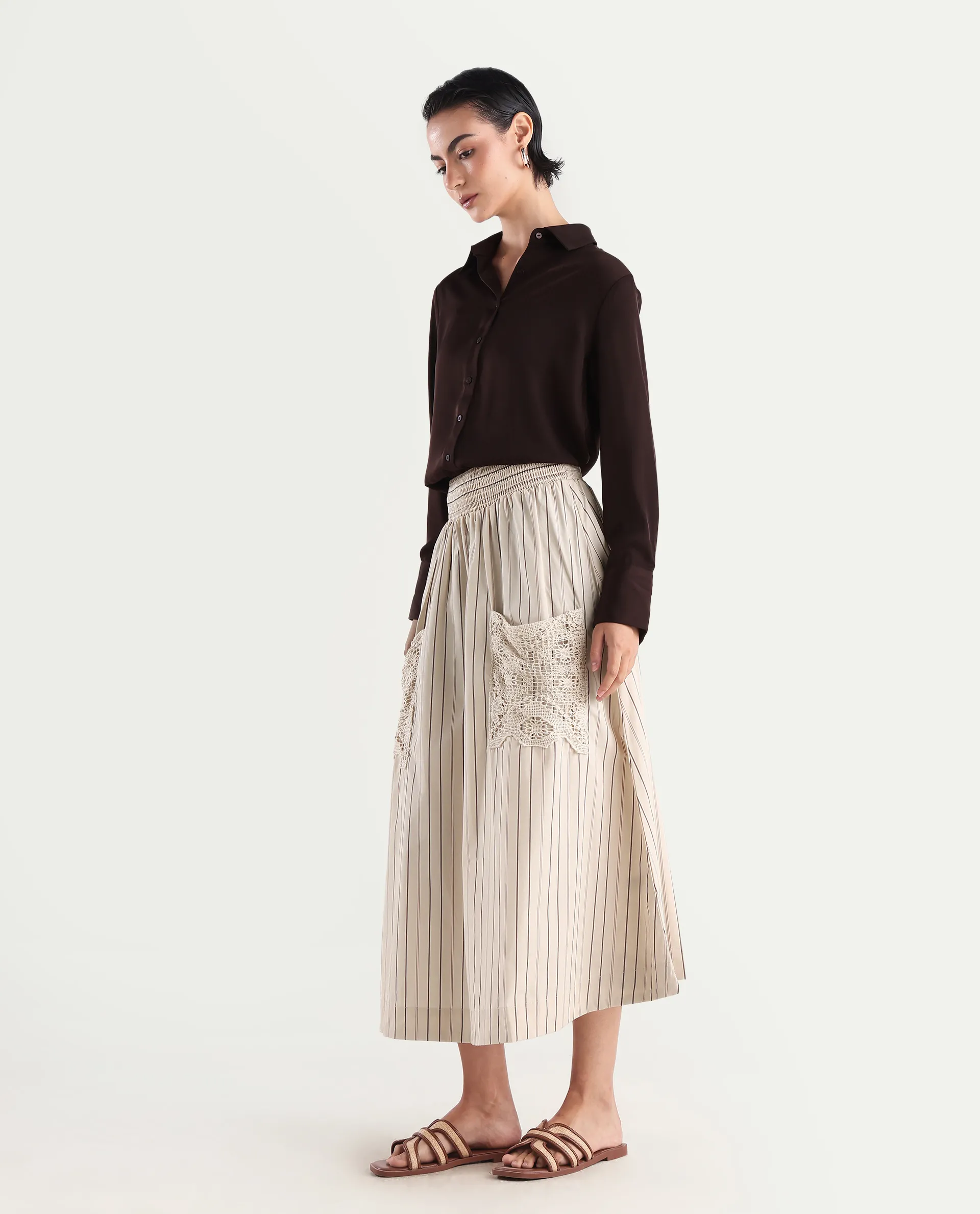 Rareism Women's Cuba-B Light Beige Cotton Plain Midi Flared Skirt - Image 5