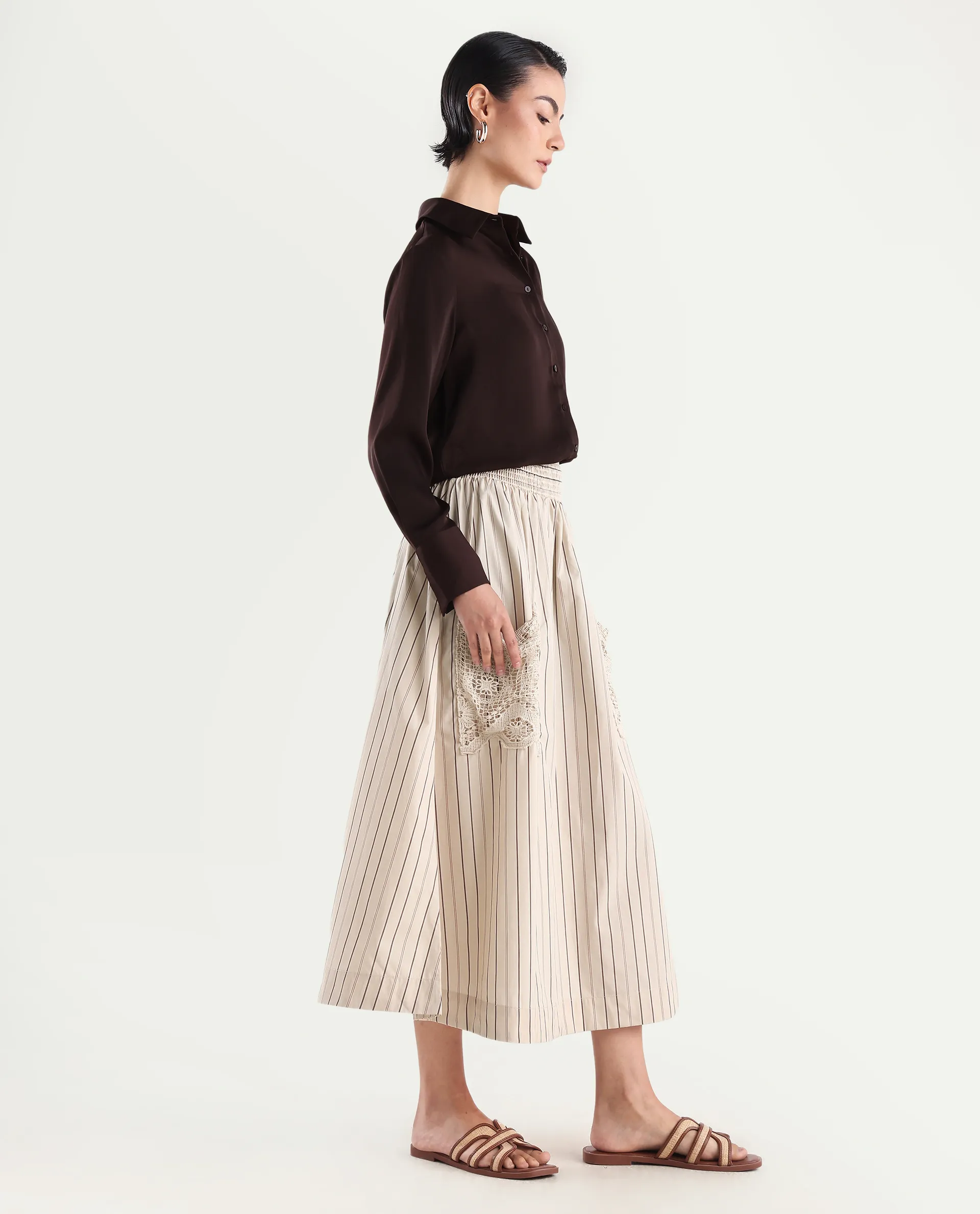 Rareism Women's Cuba-B Light Beige Cotton Plain Midi Flared Skirt - Image 6