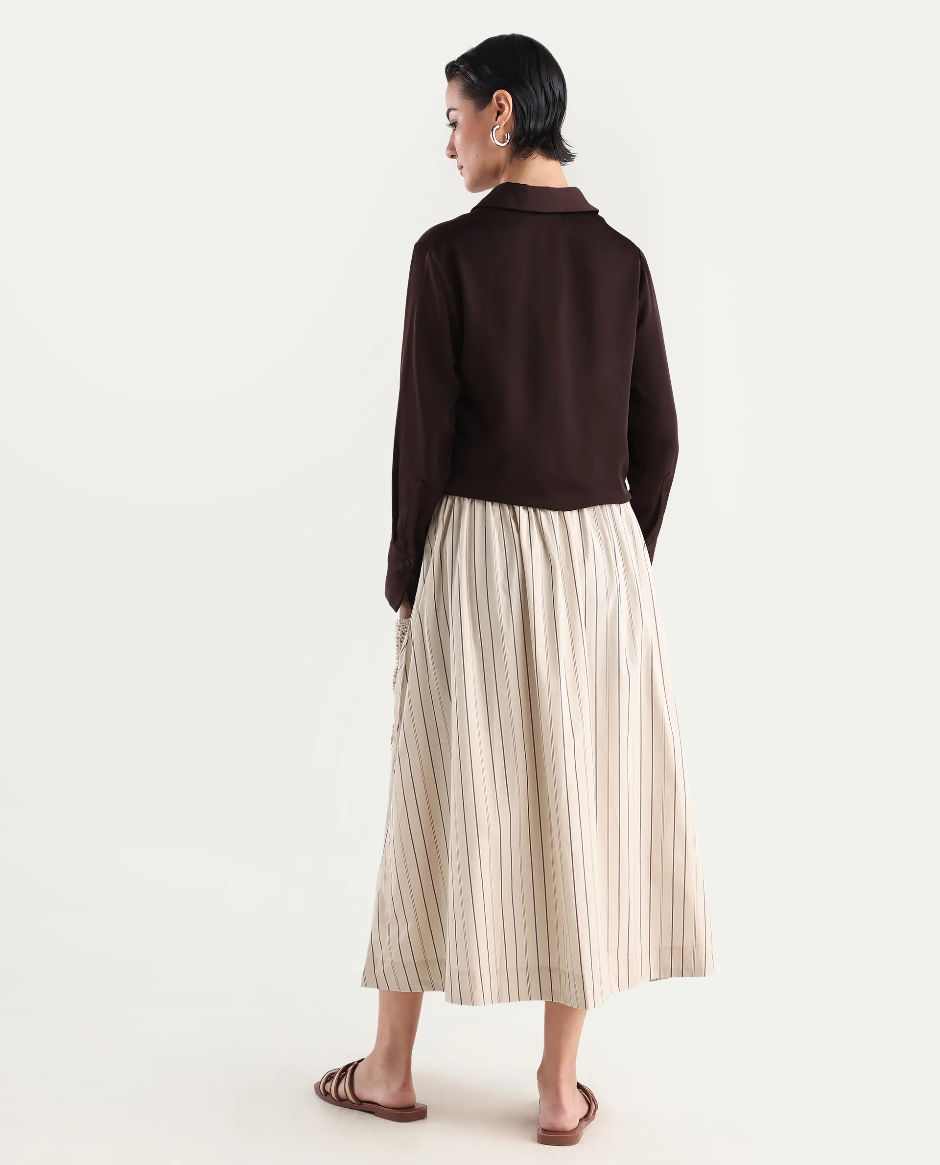 Rareism Women's Cuba-B Light Beige Cotton Plain Midi Flared Skirt - Image 7