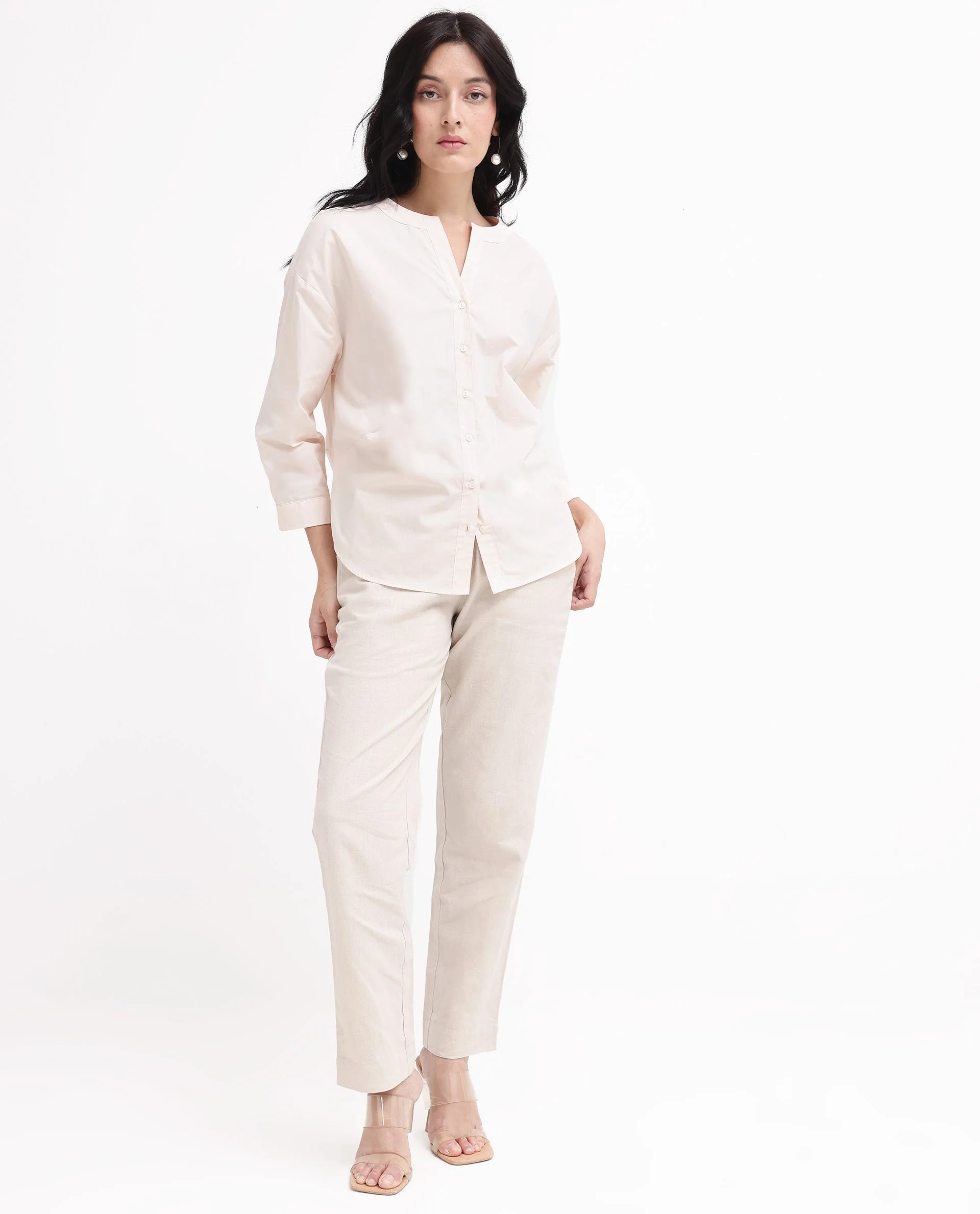 Rareism Women's Cuba-T Light Beige Cotton Mandarin Collar Plain Regular Fit Shirt - Image 10